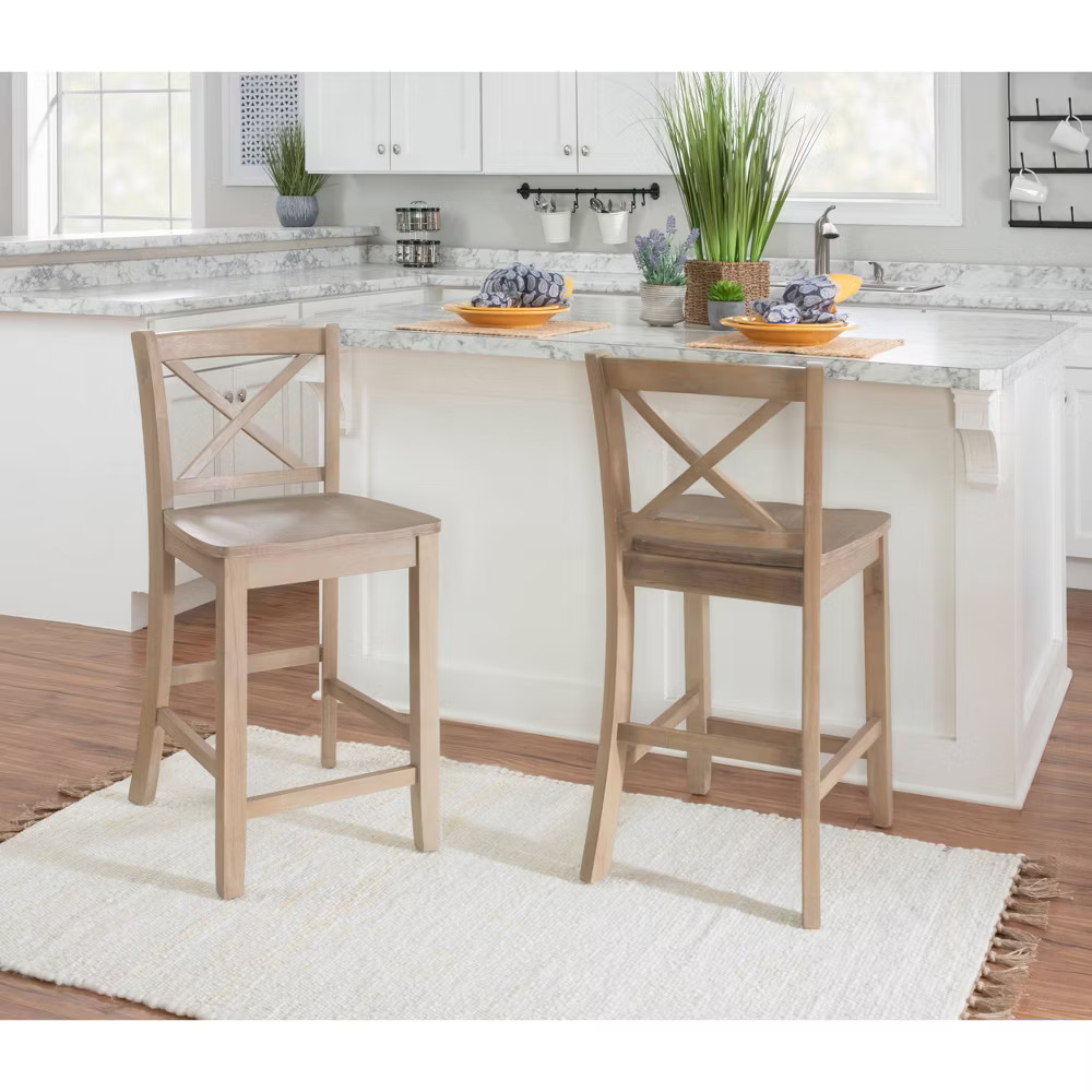 24" Torino Solid Wood Traditional X-Back Counter Height Barstools Gray Wash -