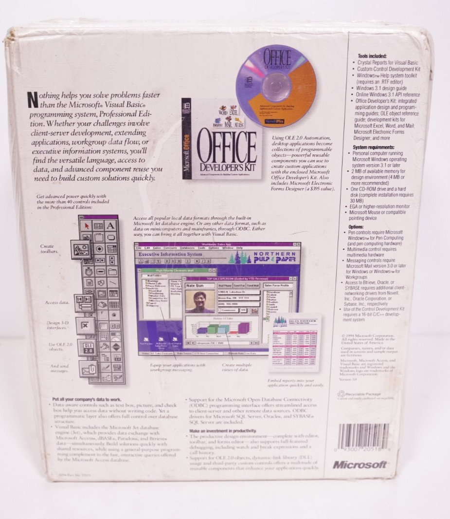 Brand New Microsoft Visual Basic 3.0 Pro (PC/Windows,1994) 2 CD w/Office Dev Kit