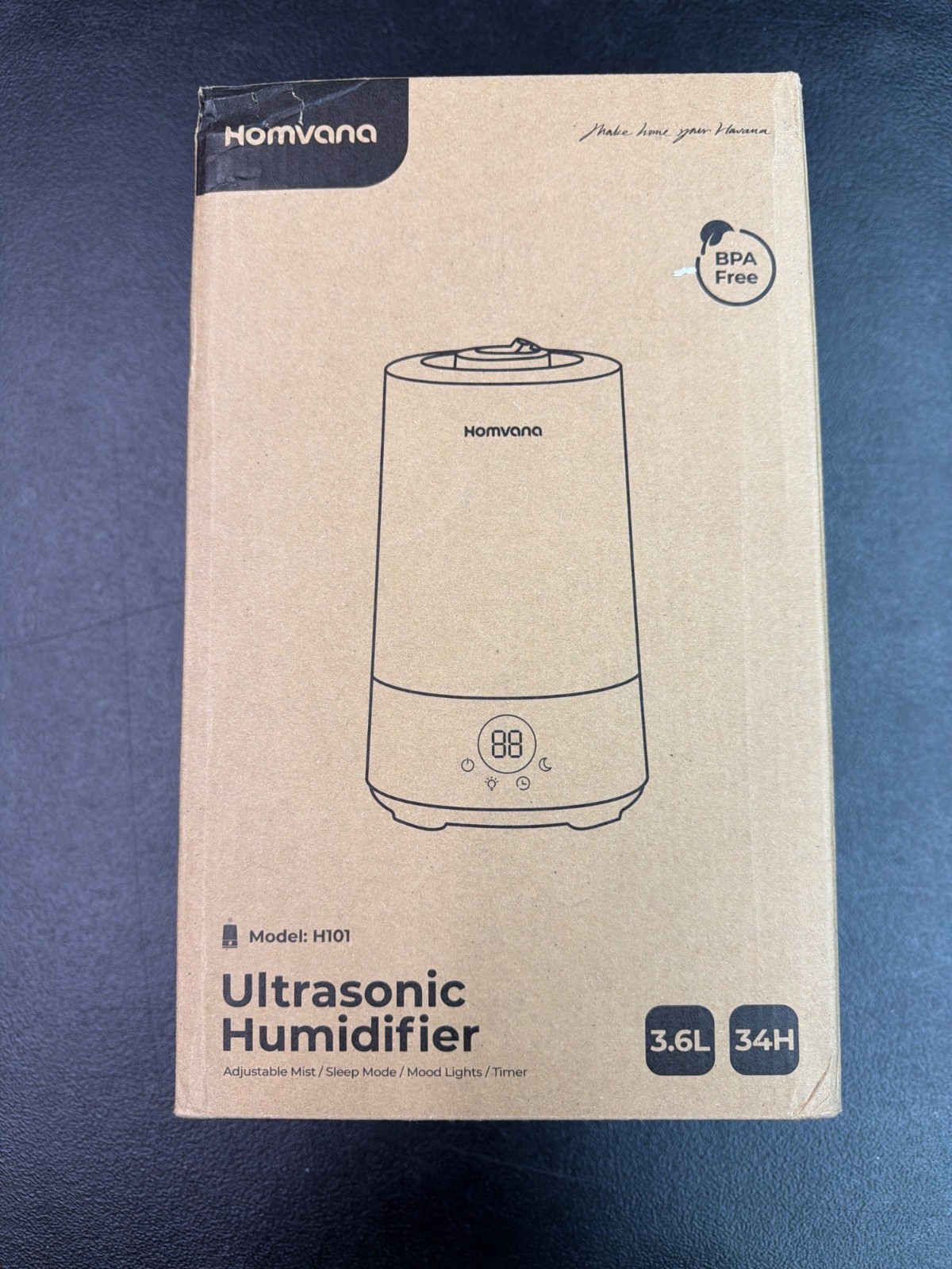 Homvana Ultrasonic Humidifier H101 3.6L BPA-Free Adjustable Mist Sleep Mode Time