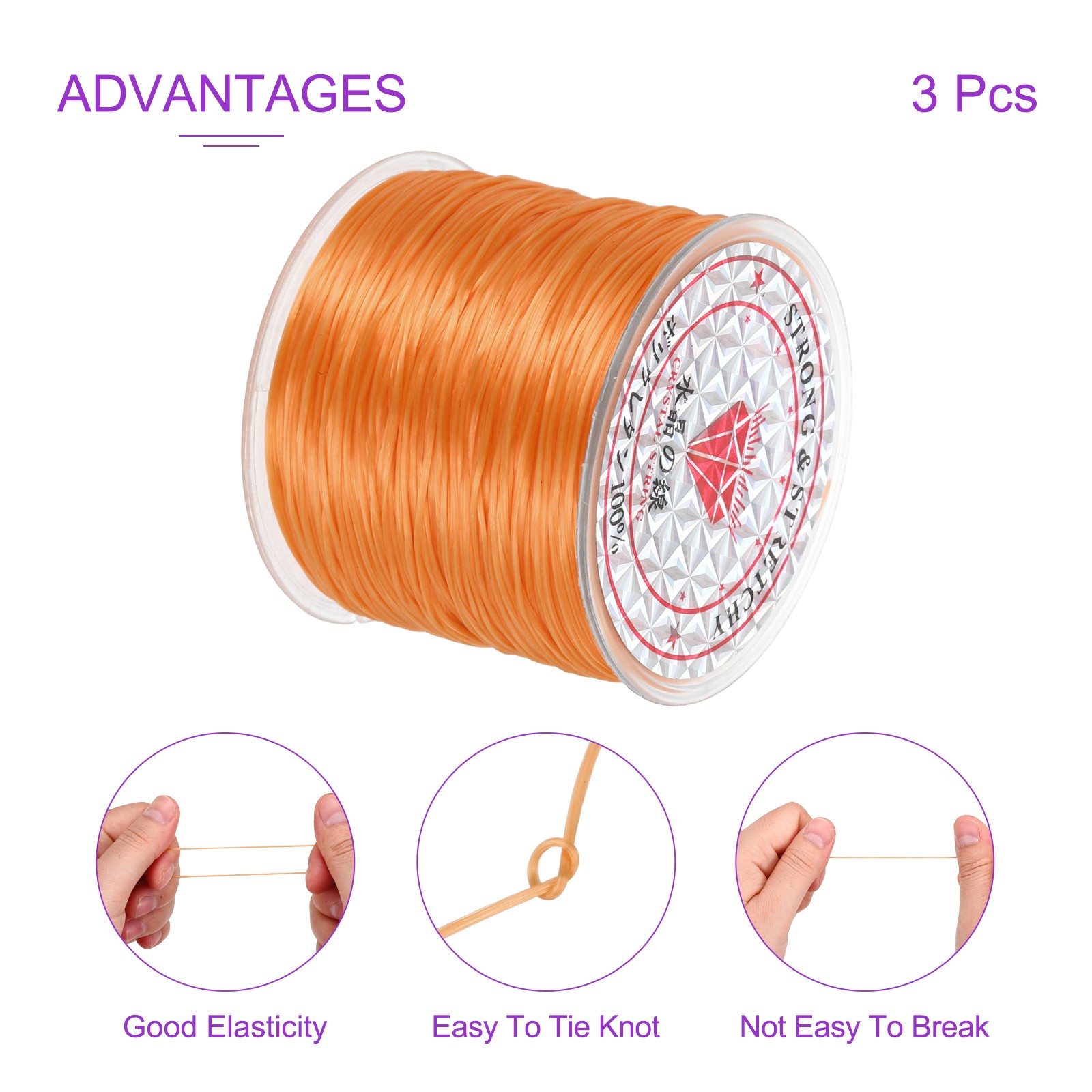 3 Rolls Elastic String for Bracelets, 0.8mm Stretch Bead Cord Orange, 100m