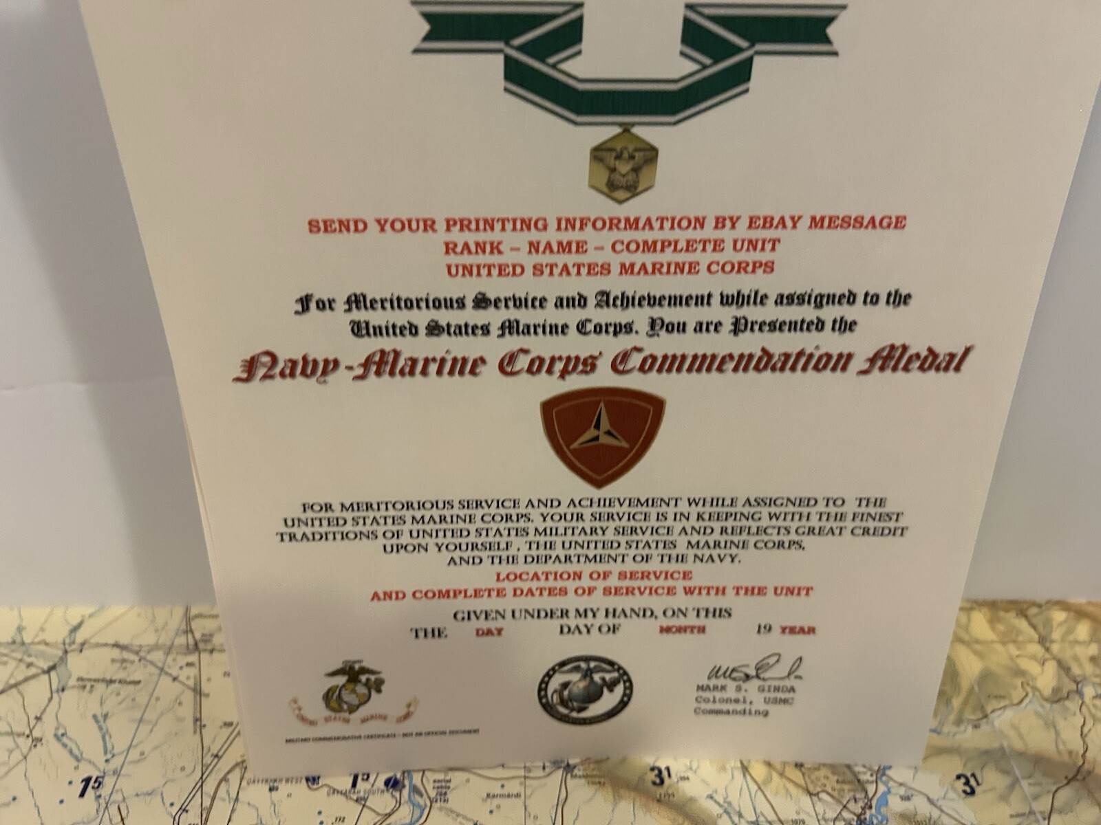 U.S.M.C. / NAVY COMMENDATION MEDAL CERTIFICATE - 3RD MARINE DIVISION