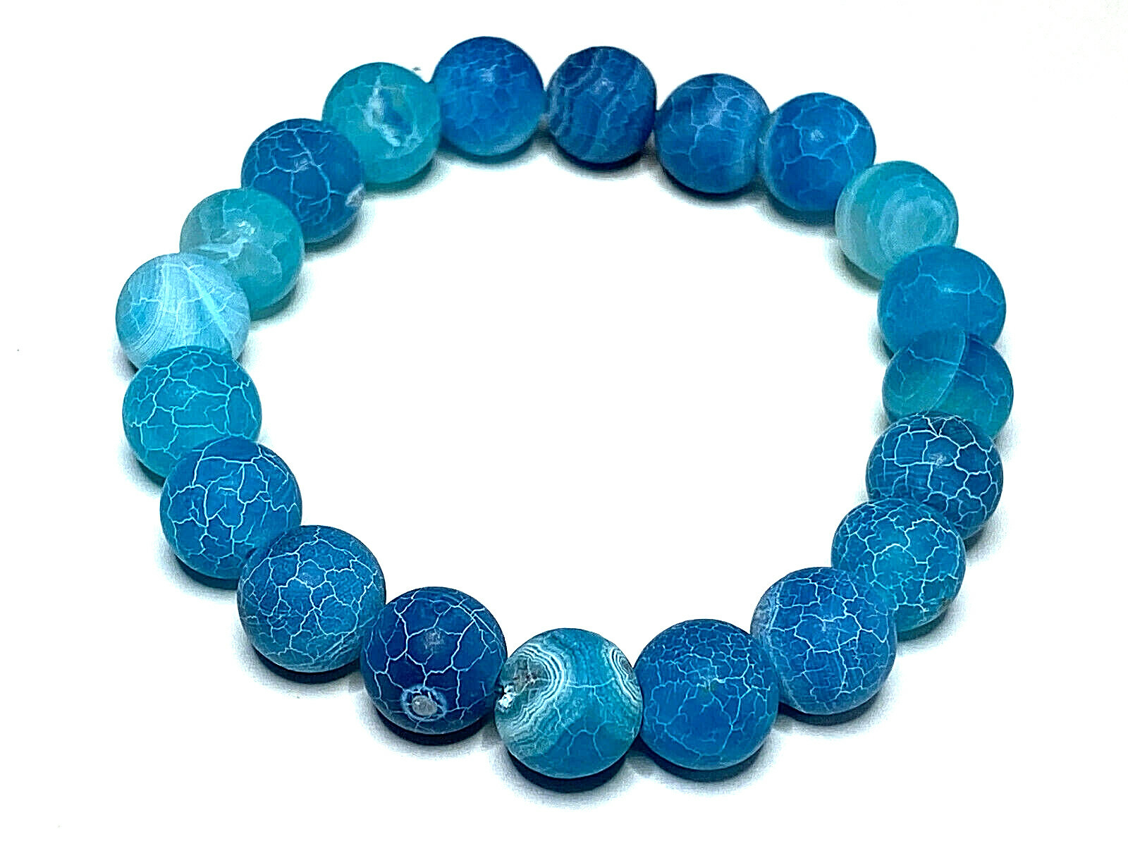 Handmade 10mm Blue Ice Crackle Agate Gemstone Bead Bracelet