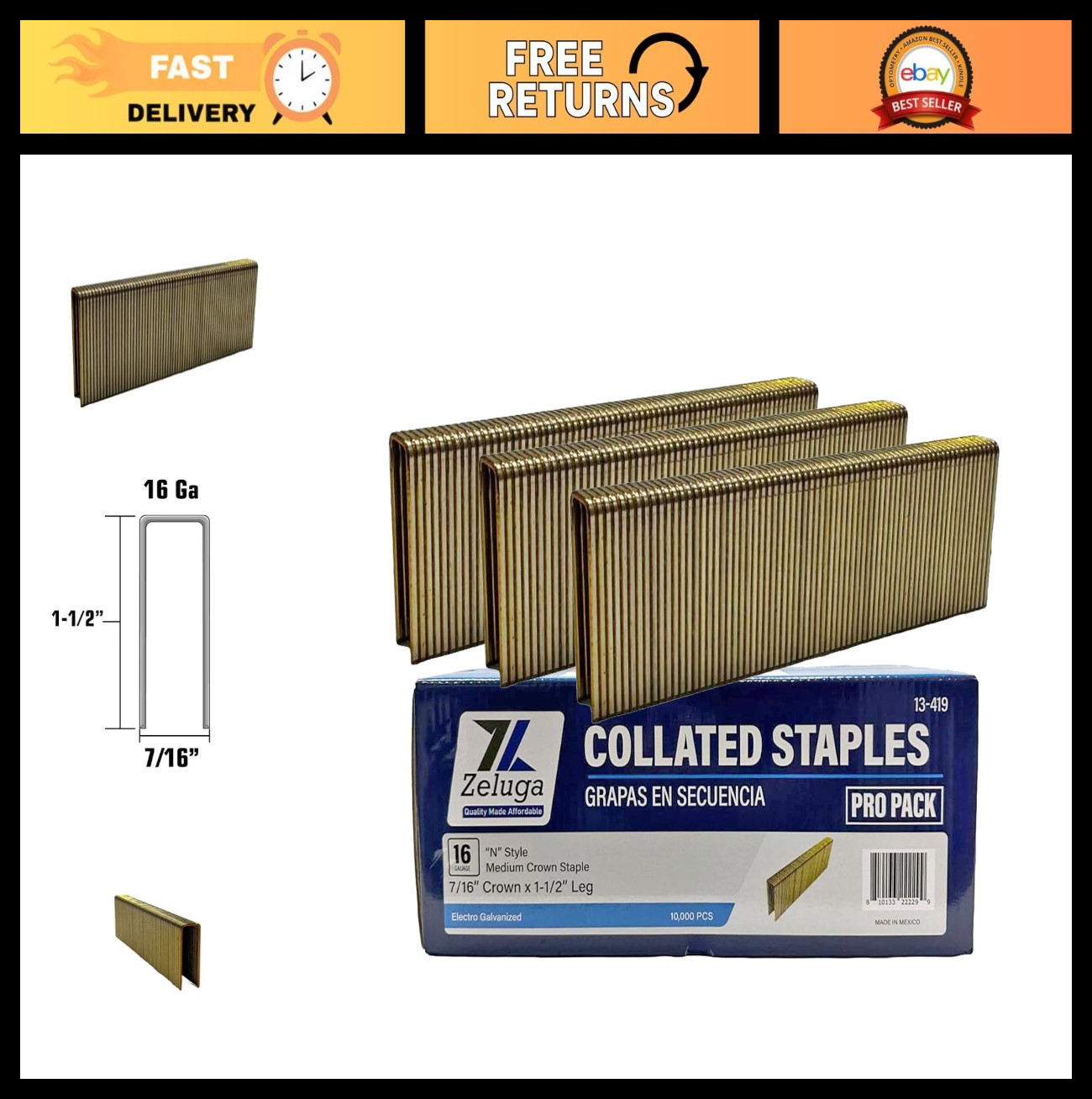 16 Gauge Electrogalvanized Medium Crown Staples 1-1/2in. x 7/16in. - 10,000 Pack