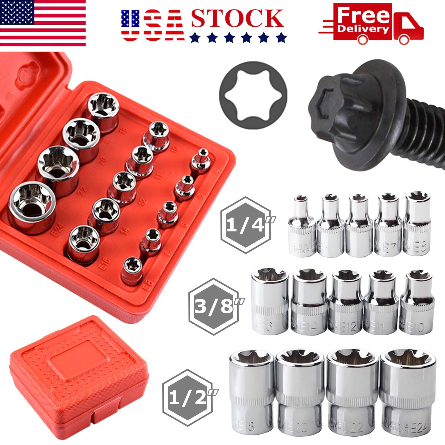 14 PCS E Torx Star Female Bit Socket Set 1/2" 3/8" 1/4" Drive E4 - E24 with Case
