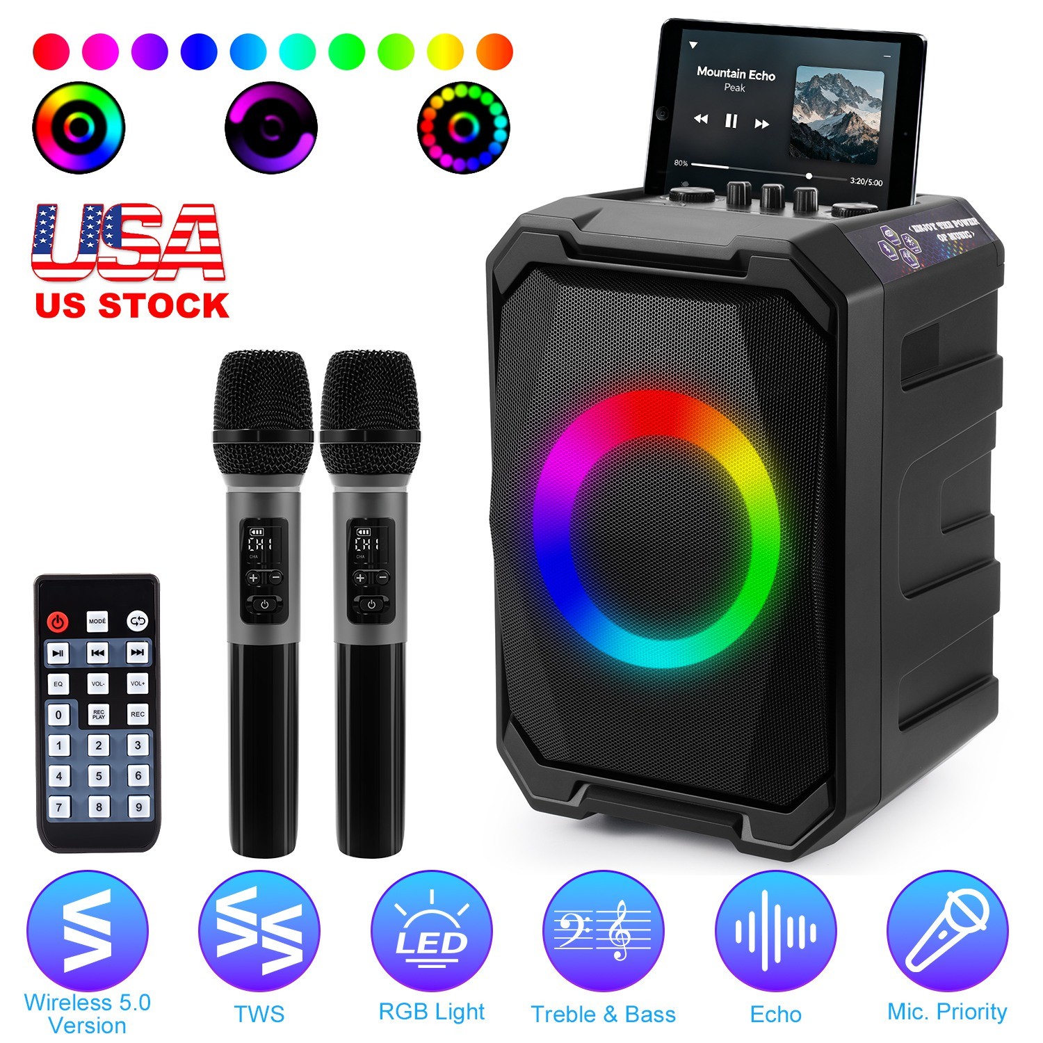 Portable Karaoke Machine w/2 Wireless Mics RGB LED 12H Playtime 80W Speaker