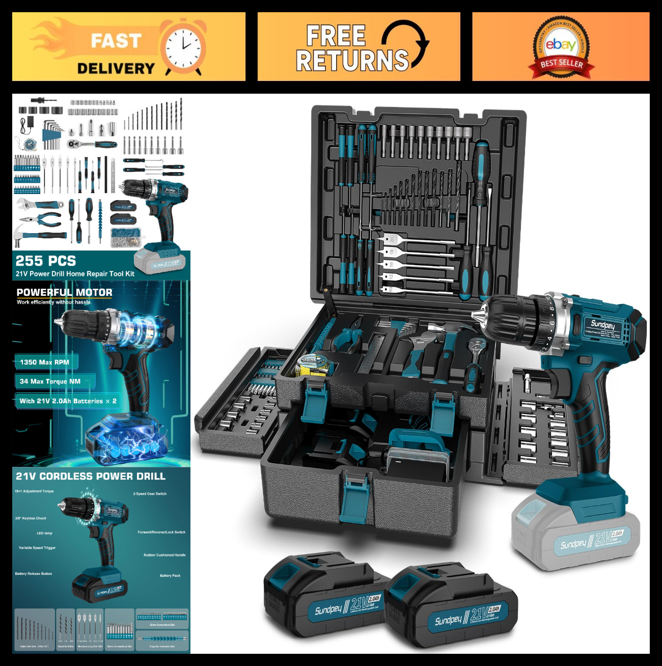 255-Piece Portable Tool Kit Set with 21V Cordless Drill & Storage Case, Mechanic