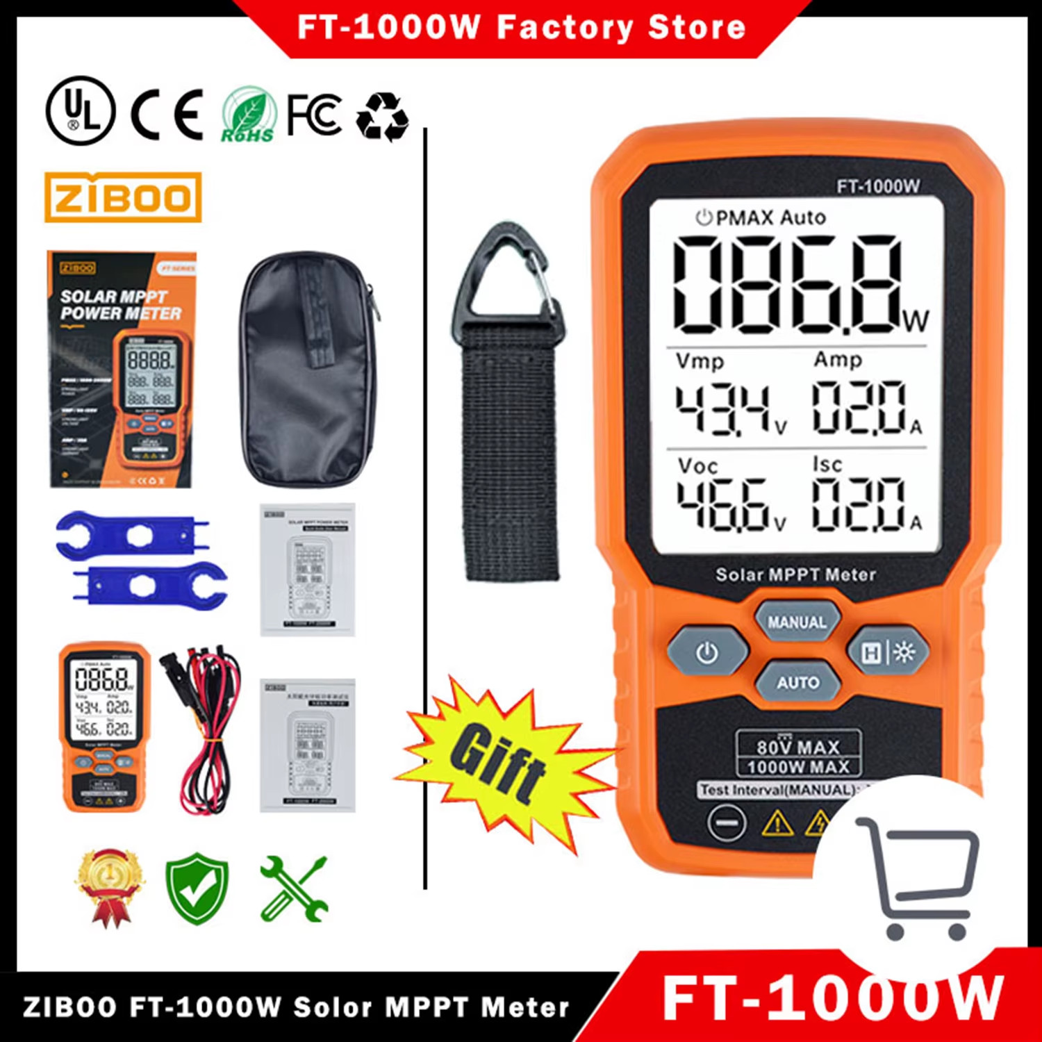 Solar MPPT Meter Photovoltaic MultimeterPv Module FT1000W MAX Power TesterOpen C
