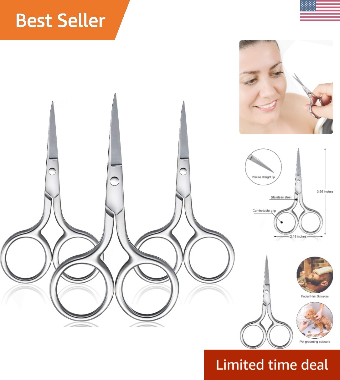 3 Pack Small Nose Scissors Facial Hair Trimming Mini Beauty Stainless Steel G...