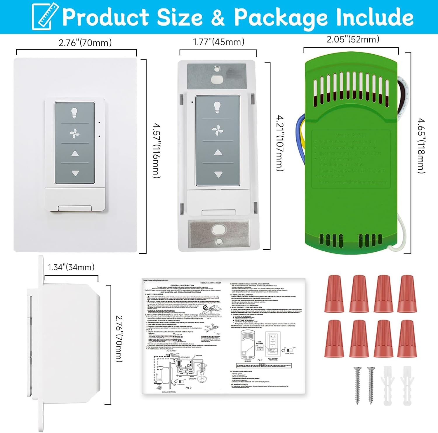 Universal Ceiling Fan Wall Remote Control Kits with 80R Receiver, 3 Speeds/Light