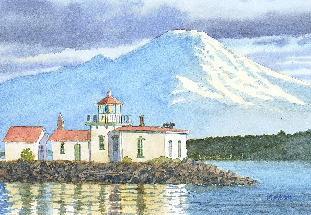 West Point Lighthouse & Mt Rainier, Seattle Washington. Chris Oldham Notecards