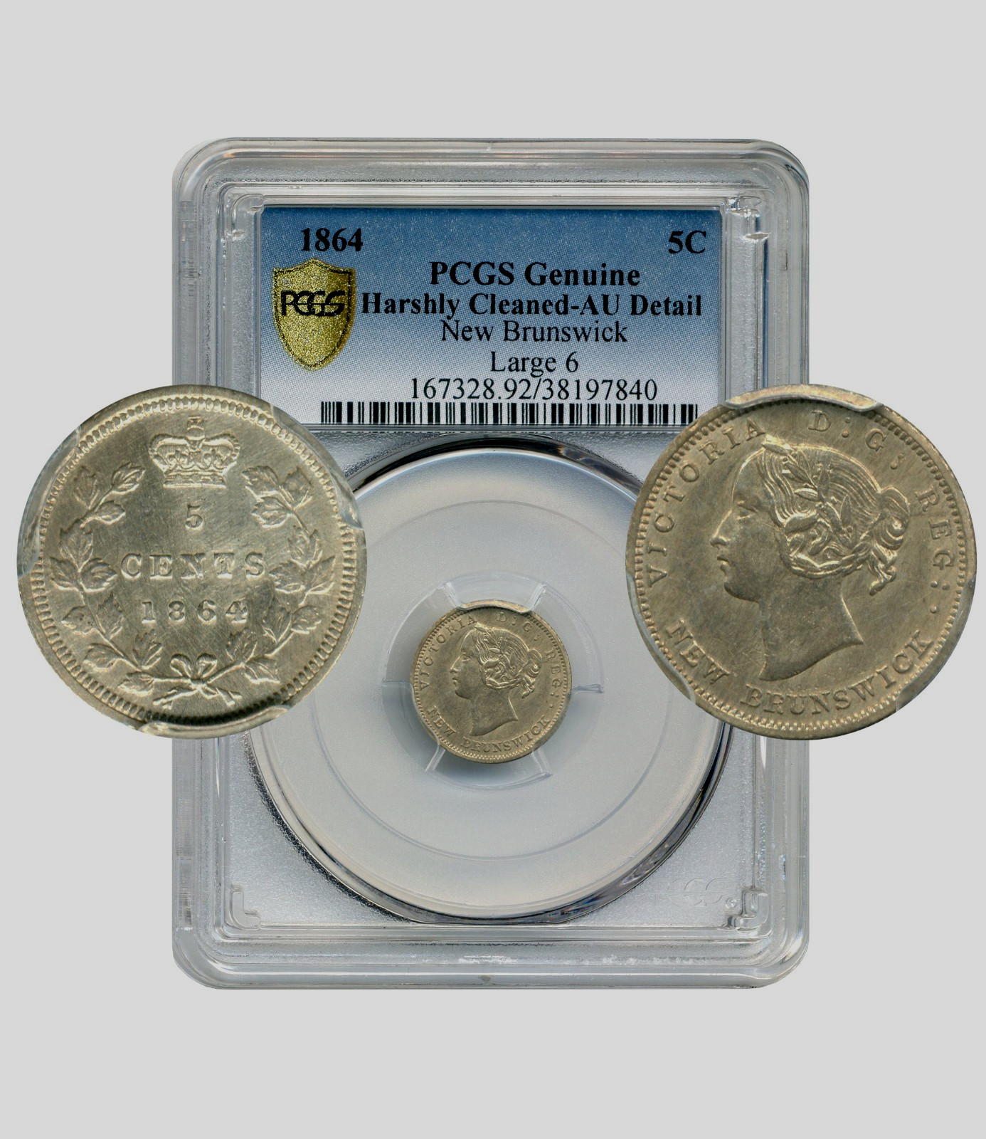 1864 New Brunswick 5 Cents, Rare Large 6 Variety - PCGS AU Detail