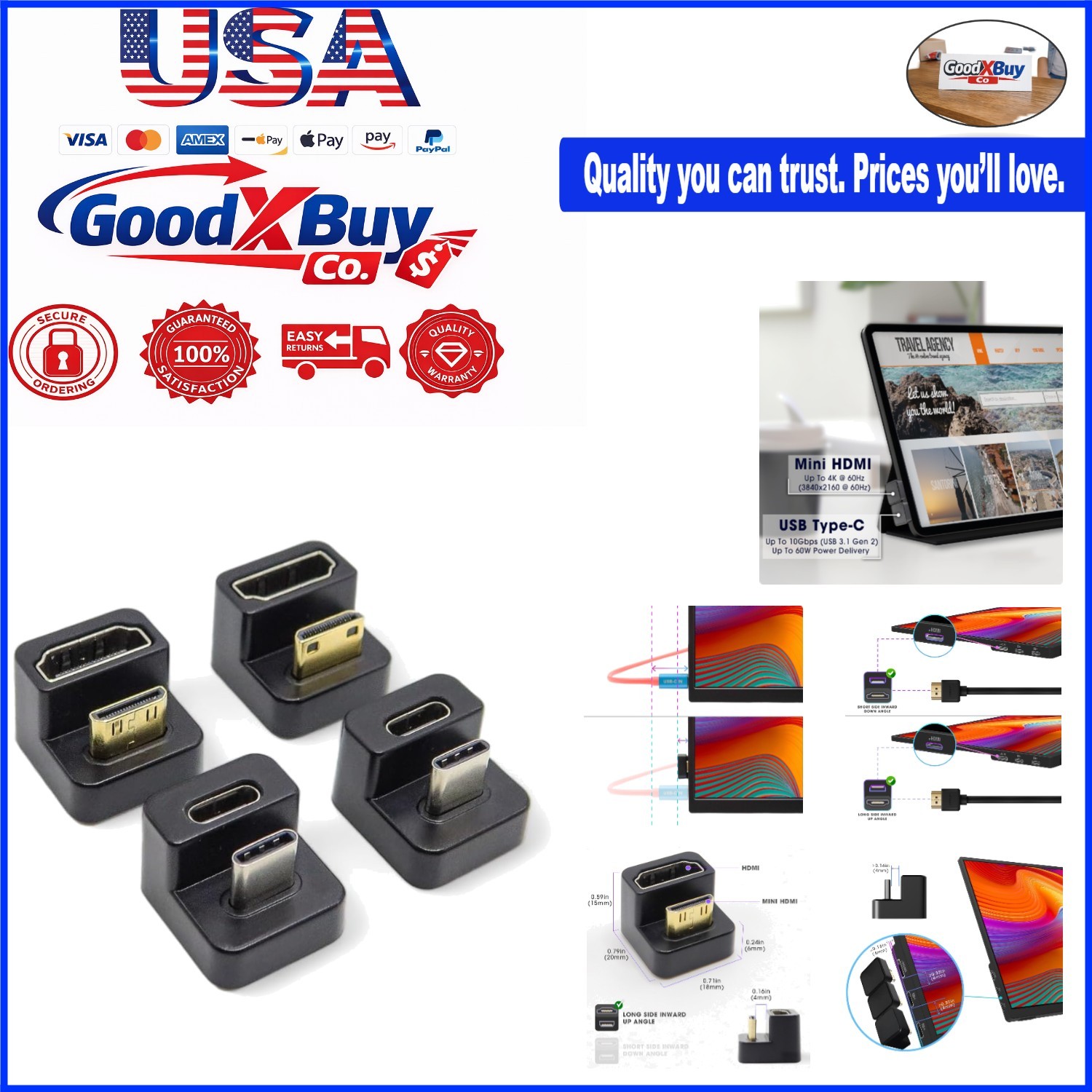 4-in-1 Portable Monitor Adapter Set HDMI to USB-C 4K 60Hz, USB 3.1 Gen 2, 60W...