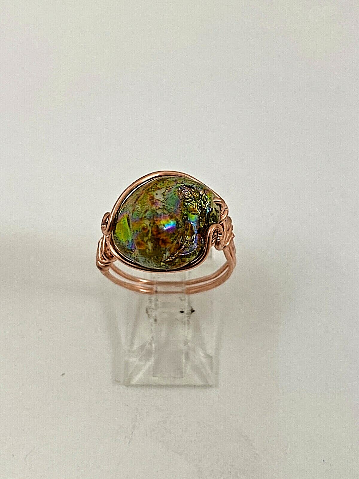Handmade ~ Copper Wrap ~ Lustrous Green Mother Of Pearl Ring Size 7 #20