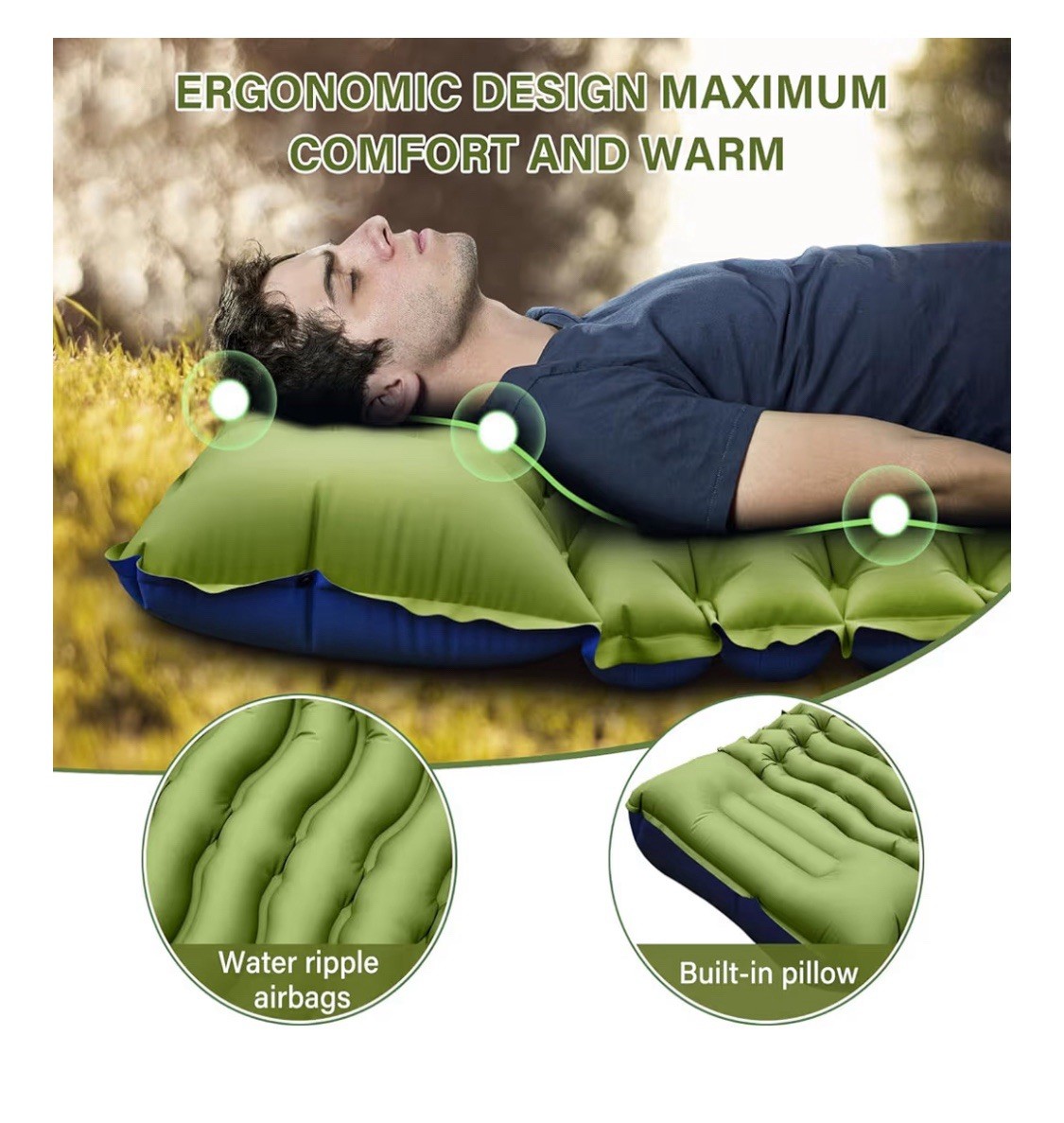 Camping Air Pad Green Blue Single 27.5x79in Built-in Pillow Portable