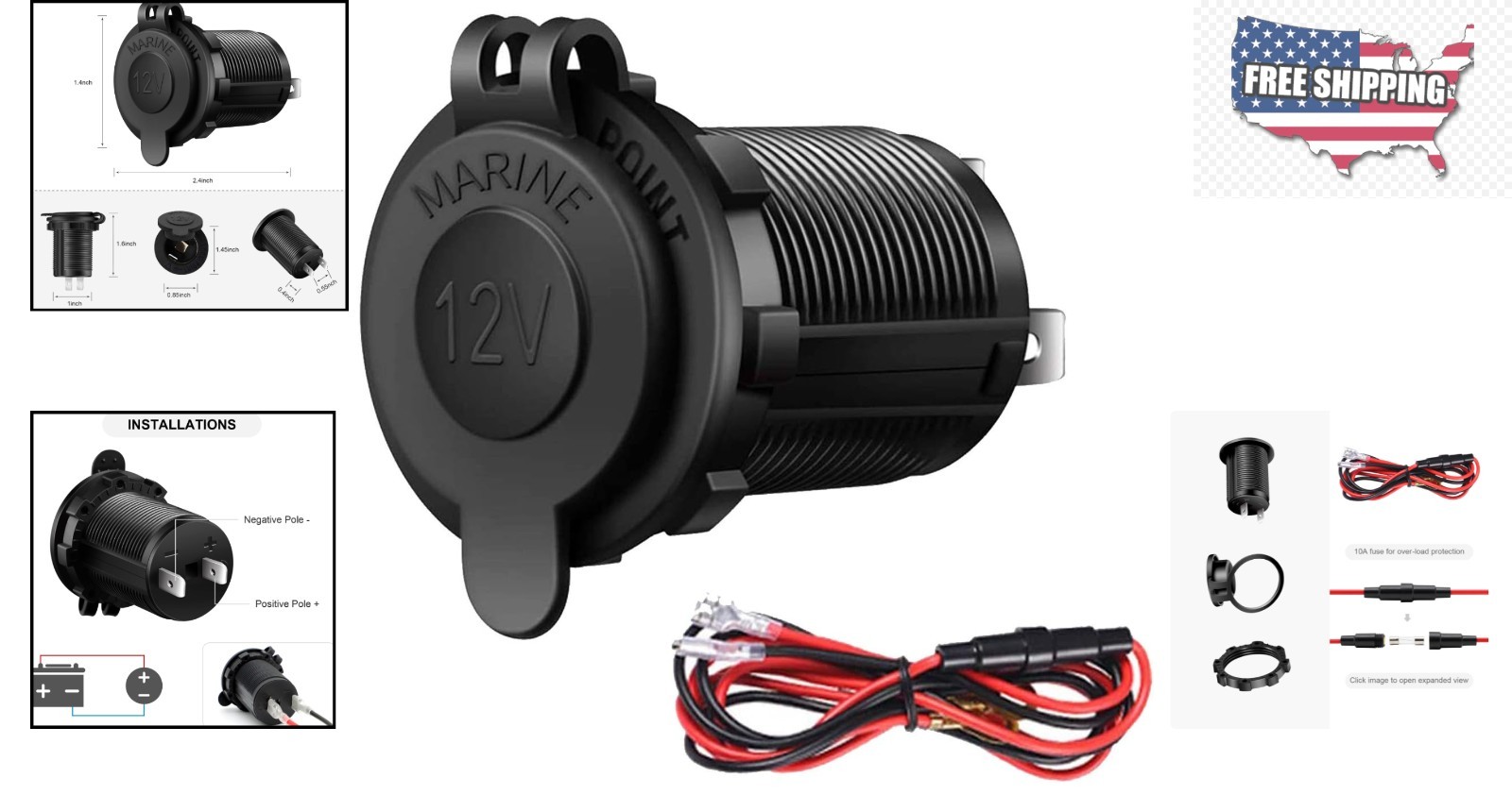 Compact Waterproof Cigarette Lighter Socket with 39.4-Inch Wire for Easy Setup