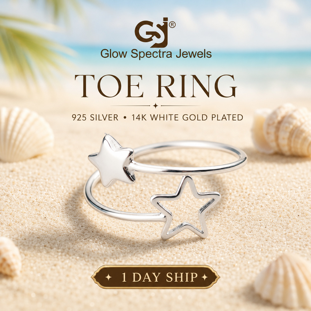 Women 14k White Gold Plated New Zenro Double Star Wrap Open Toe Ring