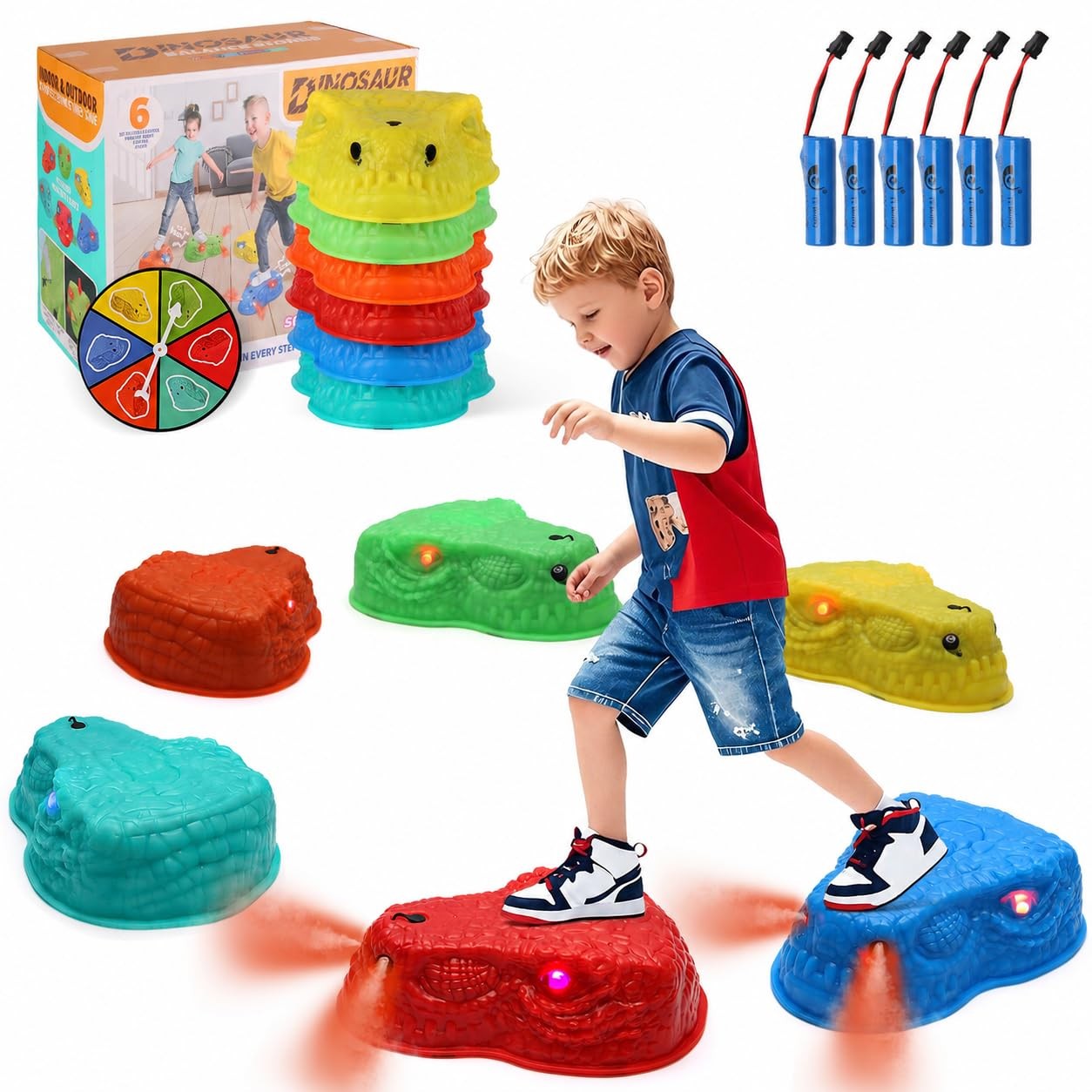 6 Pcs Dinosaur Stepping Stones for , Light up Mist Spray & Roaring Non-Slip B...