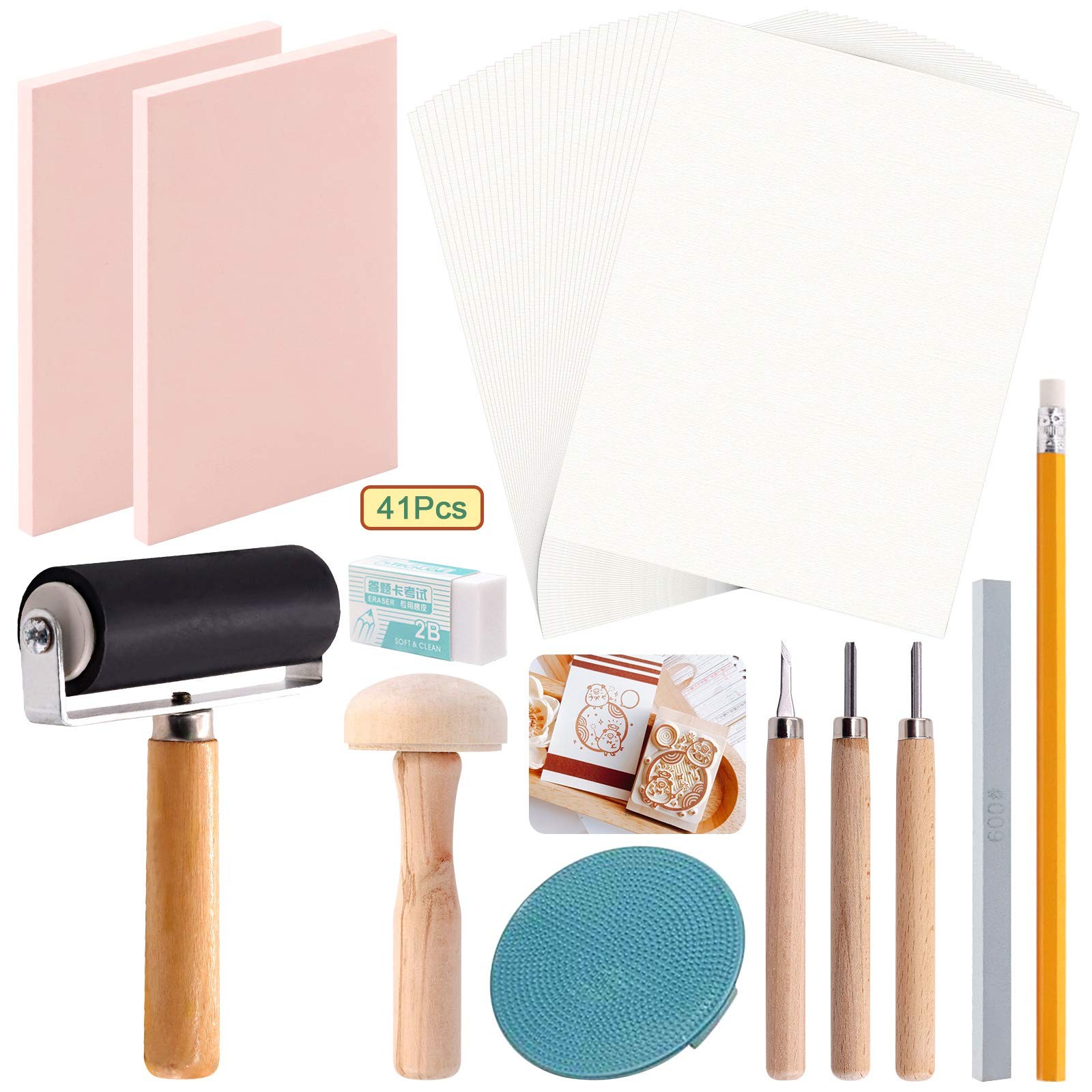 41 PCS Rubber Stamp Making Kit, Carving Blocks, Tools, Brayer Roller, Printing