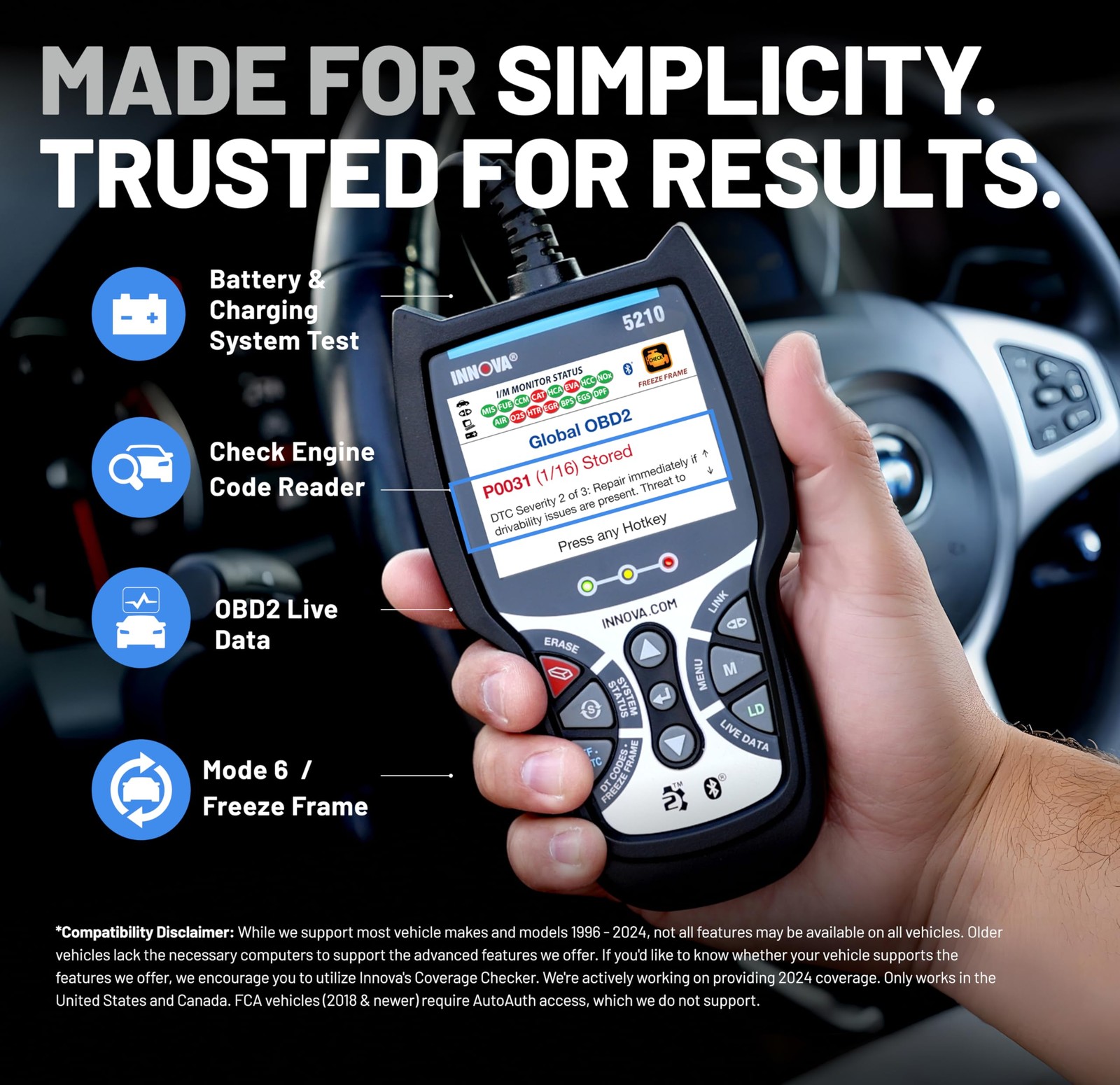 Innova 5210 OBD2 Scanner & Engine Code Reader, Battery Tester, Live Data,...