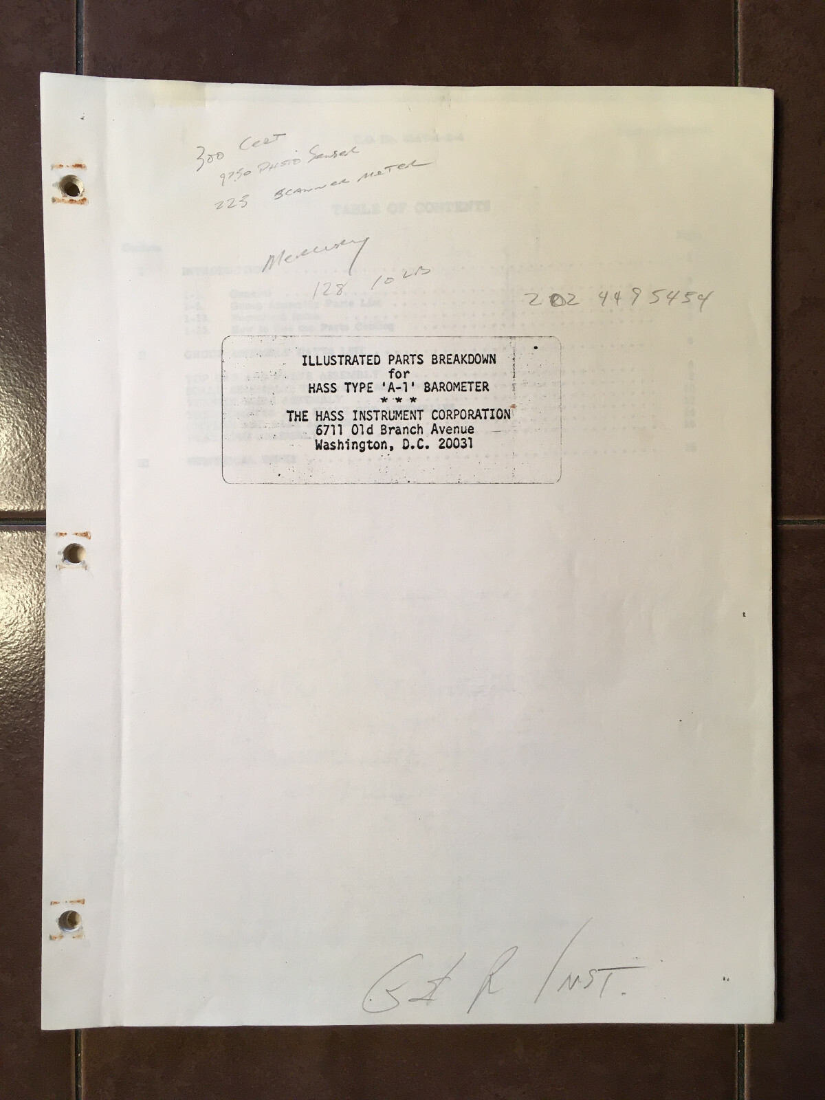 Hass A-1 Barometer Parts Manual