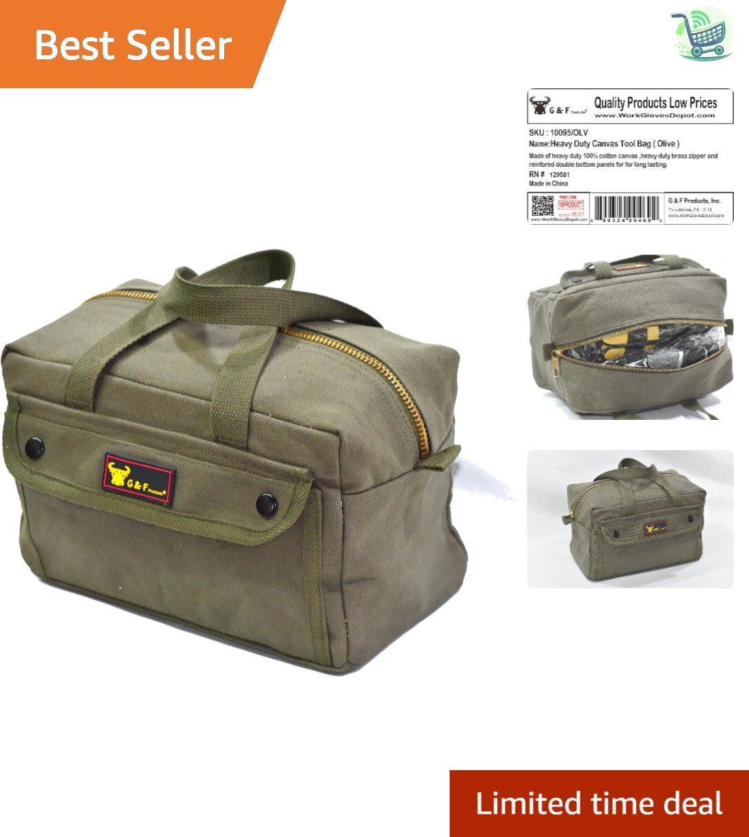 Fully Lined Water-Resistant Tool Bag - Olive Green Military Duffle Style