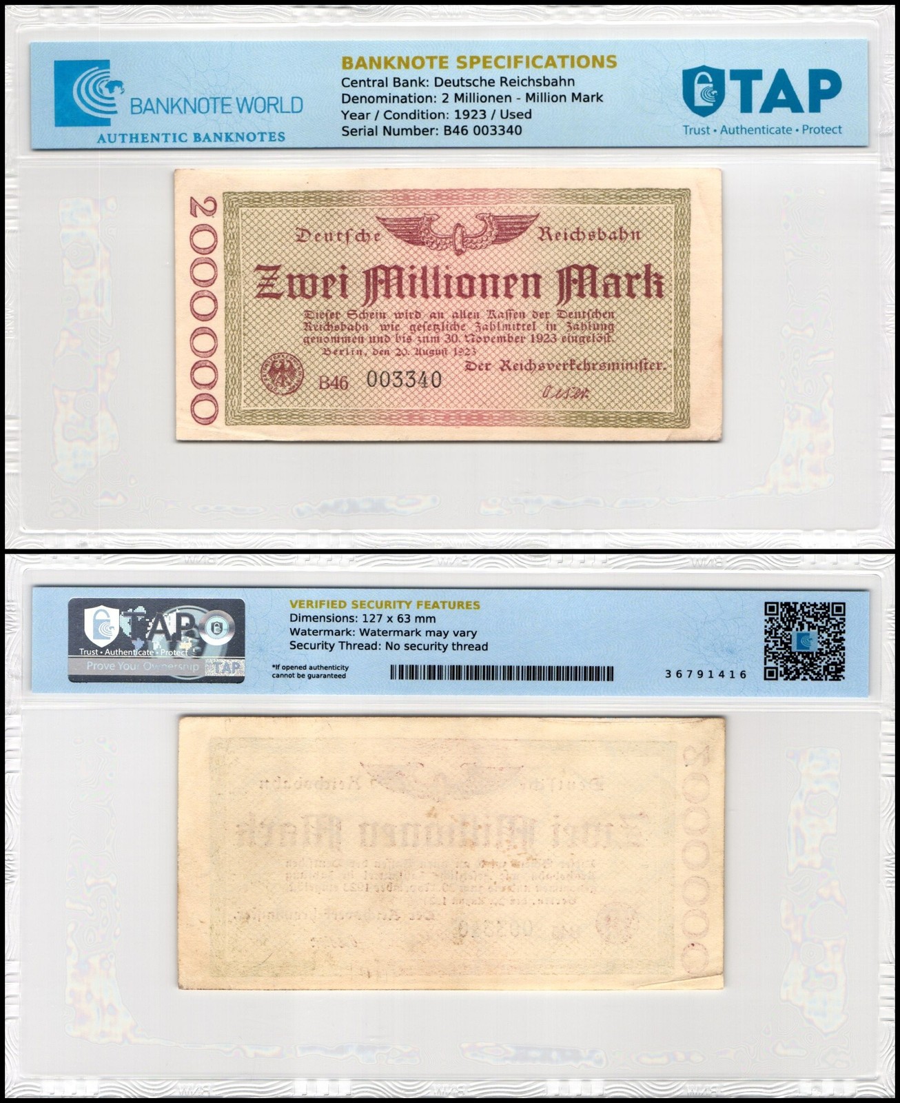 Germany 2 Millionen Million Mark Notgeld, 1923, P-S1012, Used, TAP Authenticated
