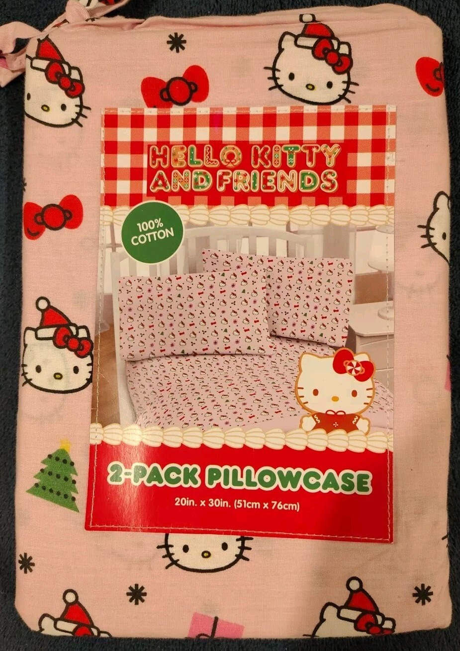 New Hello Kitty Pink Christmas Santa Hat Set Of 2  Cotton Pillow Cases
