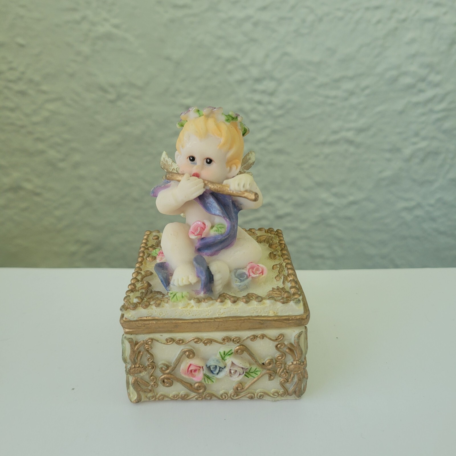 Resin Trinket Box Angel Playing Flute Floral Multicolor 3.5 Inches
