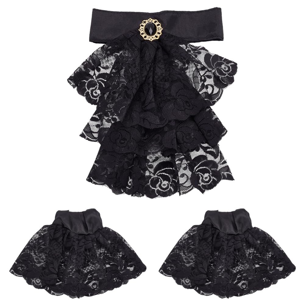 Jabot Cuffs Set Black Lace Ruffled Collar Unisex Lace Jabot Collar and Cuffs ...