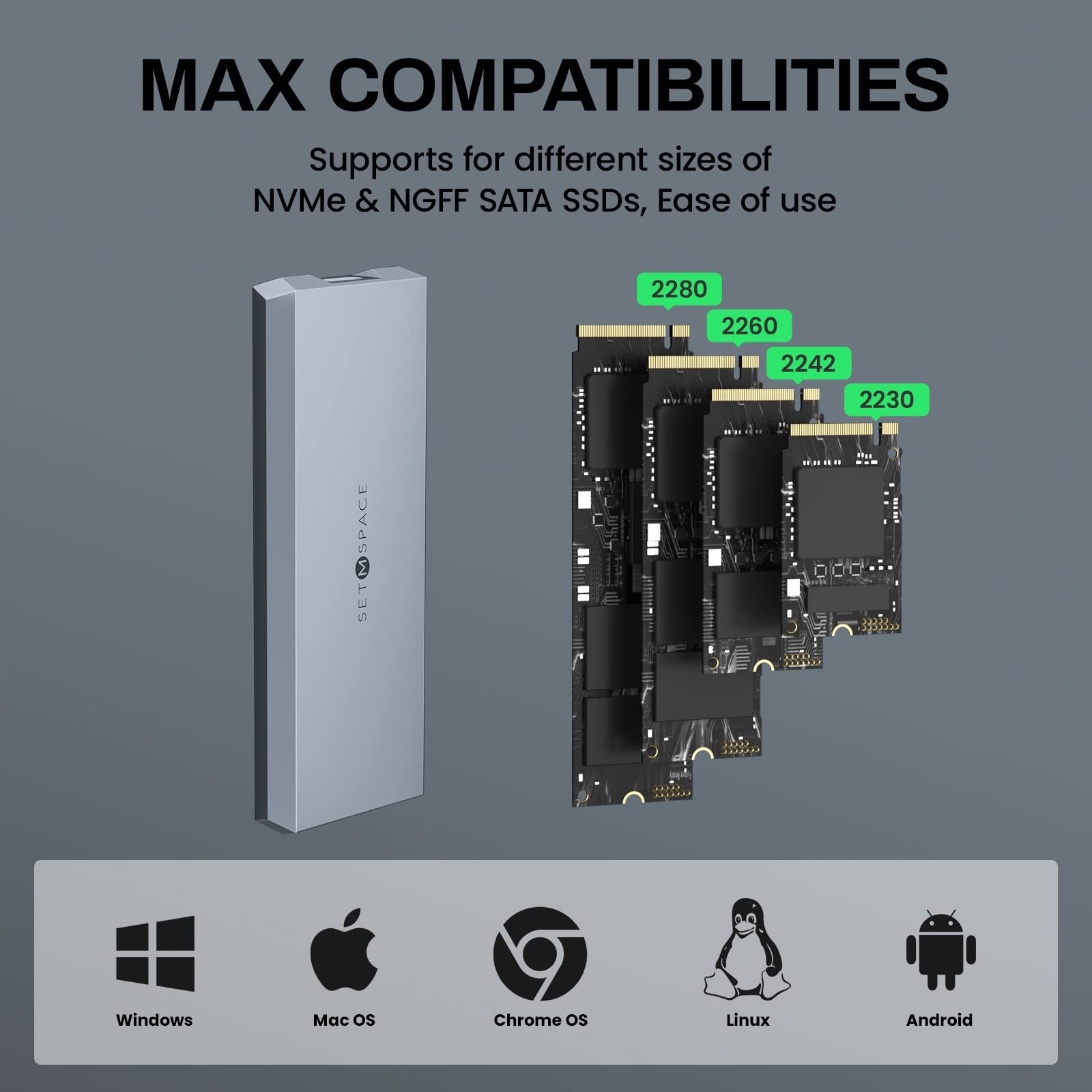 NVME Enclosure ['Tough Guy' Quality] 10 Gbps & SATA, Solid Grey