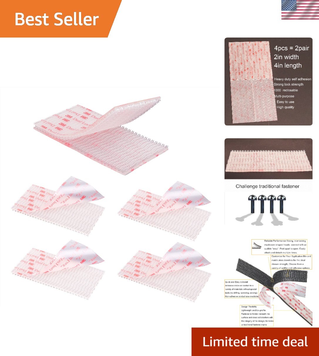 Industrial Strength Reclosable Fasteners - 4pcs 2x4in Heavy Duty Tape Solutions