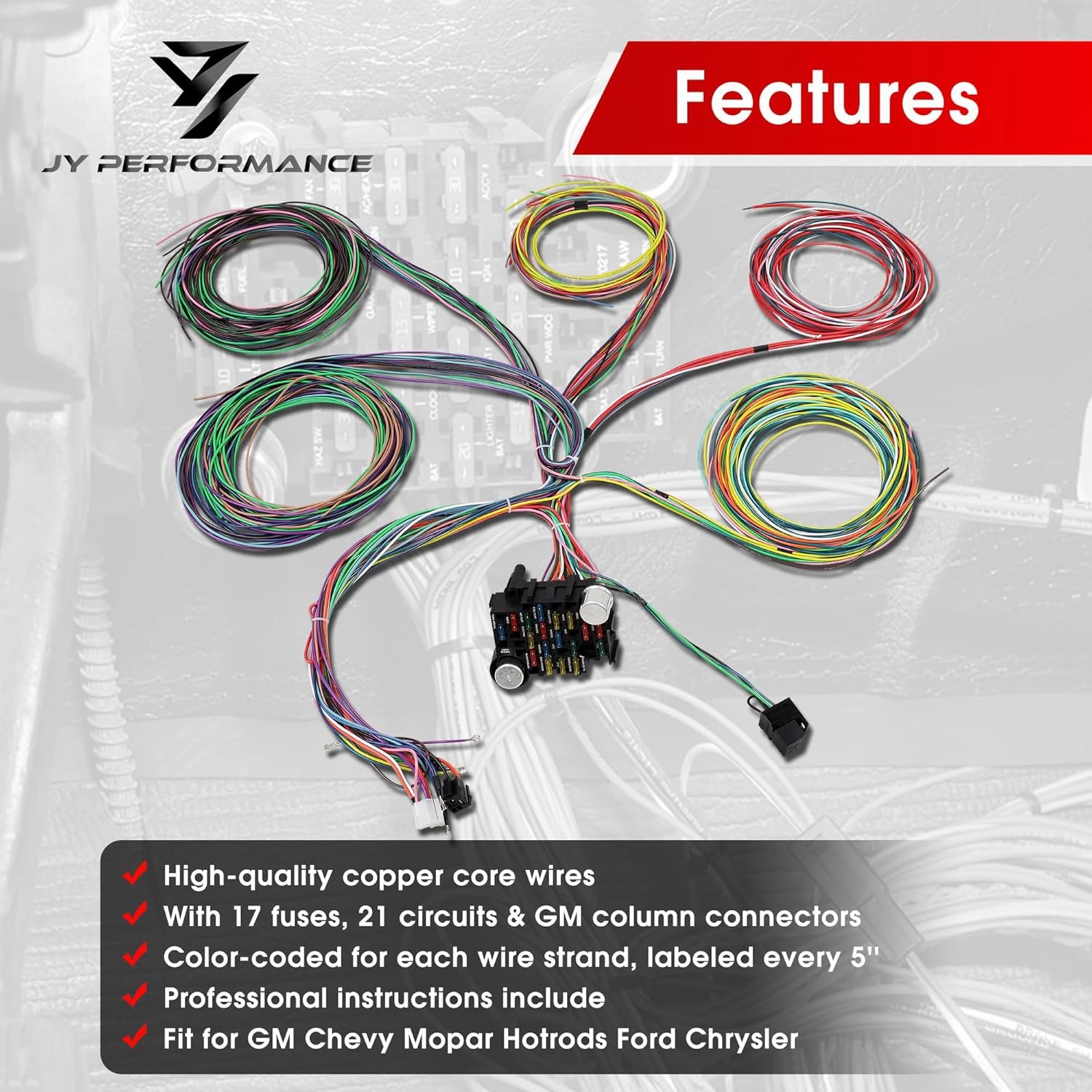 Universal 21 Circuit Wiring Harness Kit Extra Long Wire Standard