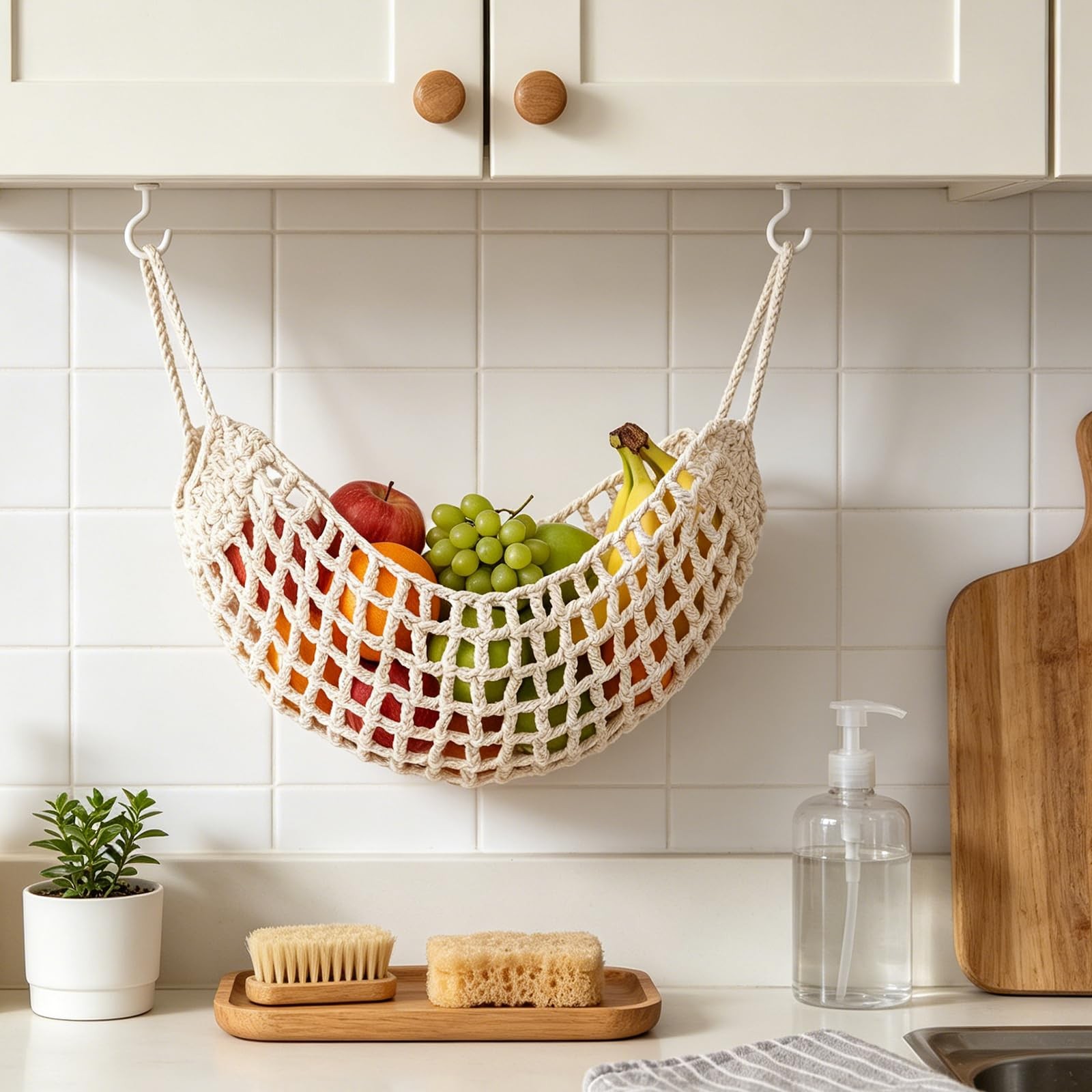 Hanging Fruit Hammock Under Cabinet Cotton Macrame Fruit Storage Net with 4 H...
