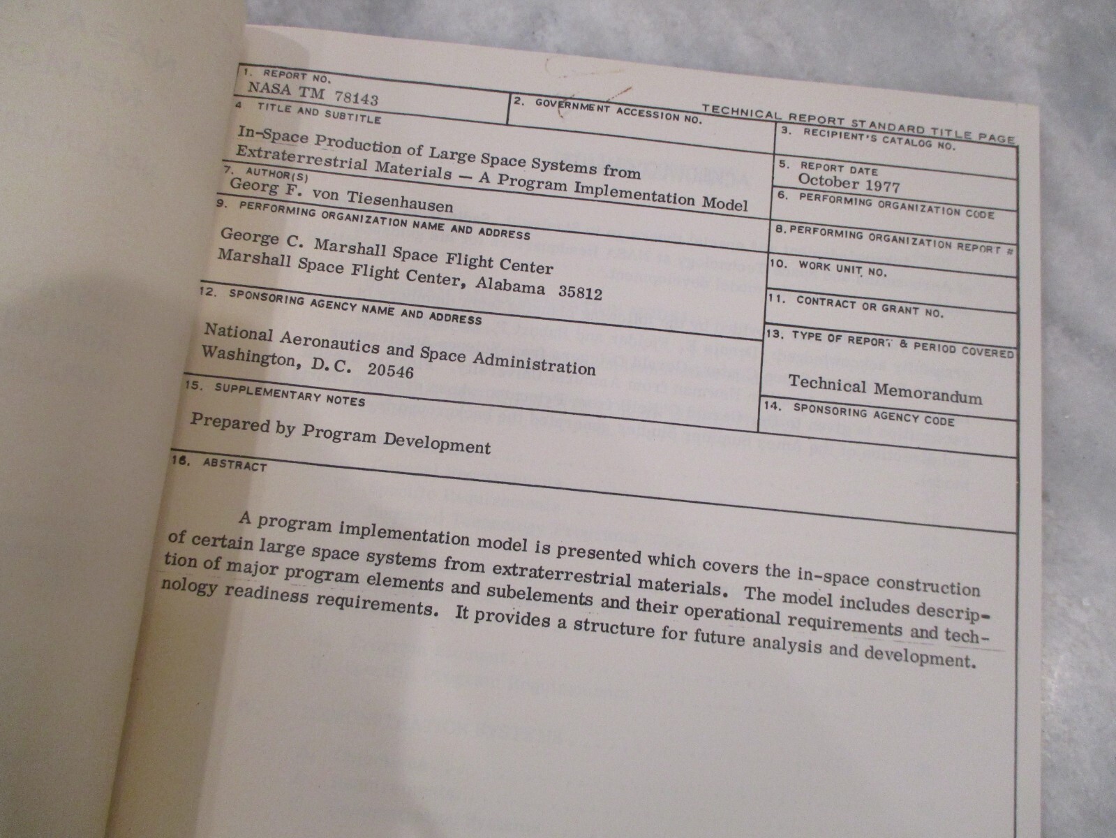 NASA MSFC SPACE SHUTTLE EXTRATERRESTRIAL/SRB/COATING/ENVIRONMENT MATERIALS MEMOS