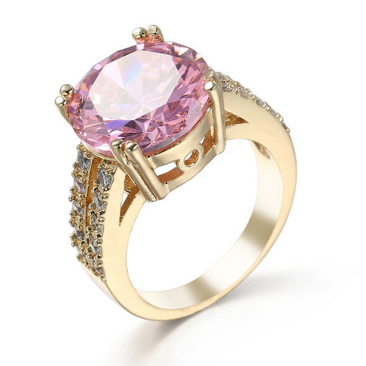 European Fire Round Pink Topaz Cubic Zirconia Yellow Gold Woman Rings Sz 6-10