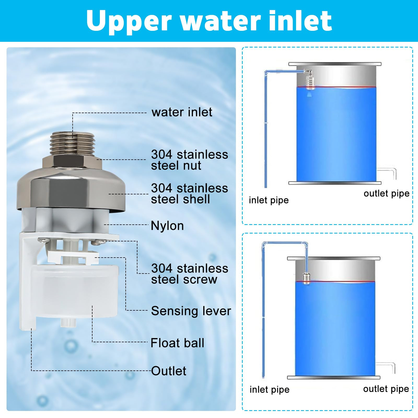 2 Pack Float Valve - 1/2'' to 3/4'' Stainless Steel Automatic Water Level Con...