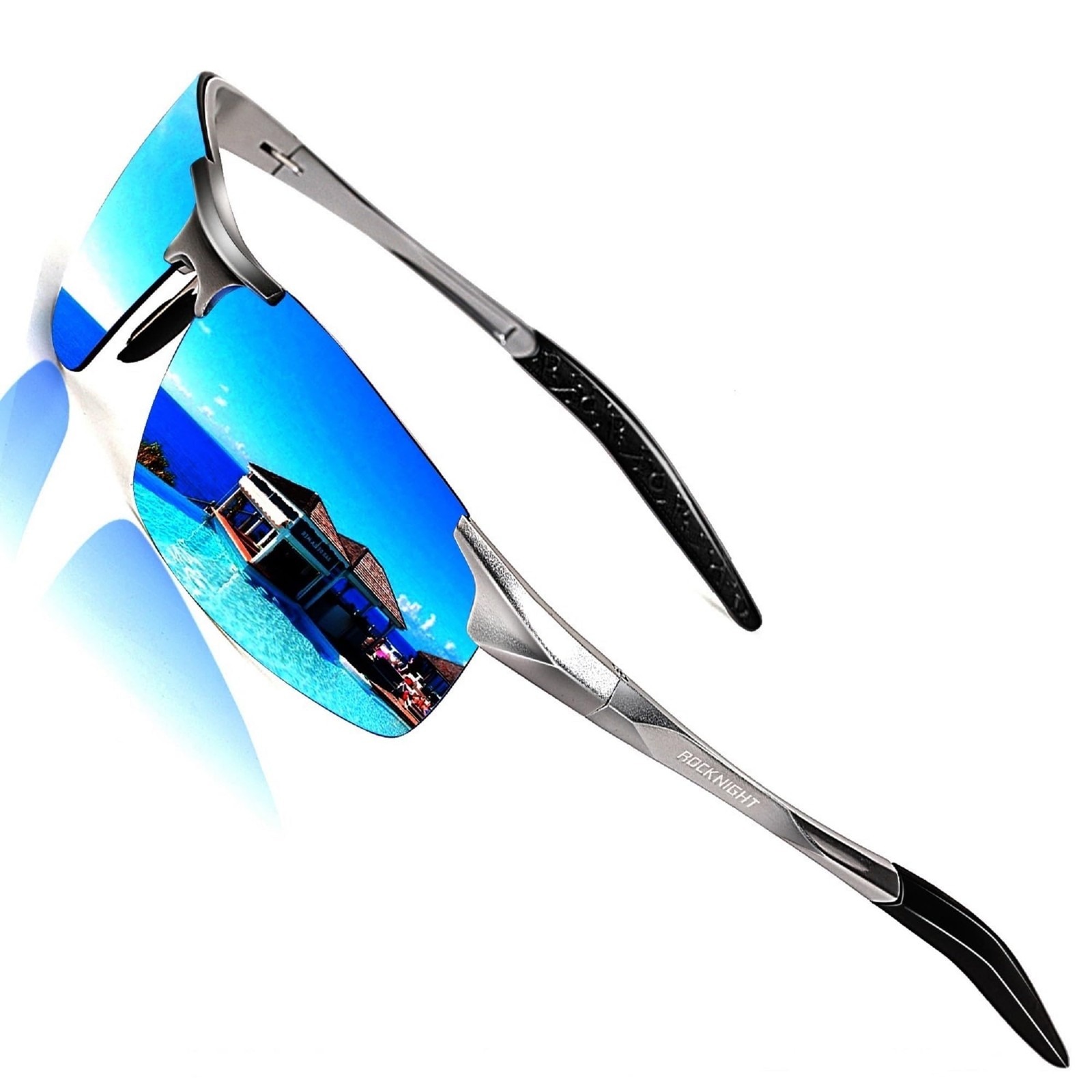 ROCKNIGHT Polarized Rectangular Sunglasses for Medium, Silver Frame/Blue Lens