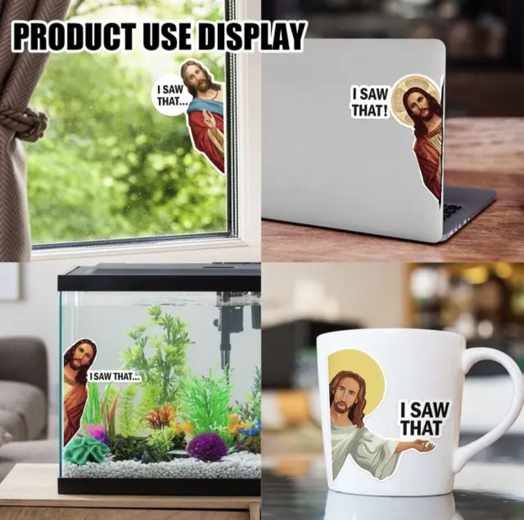 Set of 10 Funny Jesus Sticker "I Saw That" 3" Decal Comedy Satire Gift