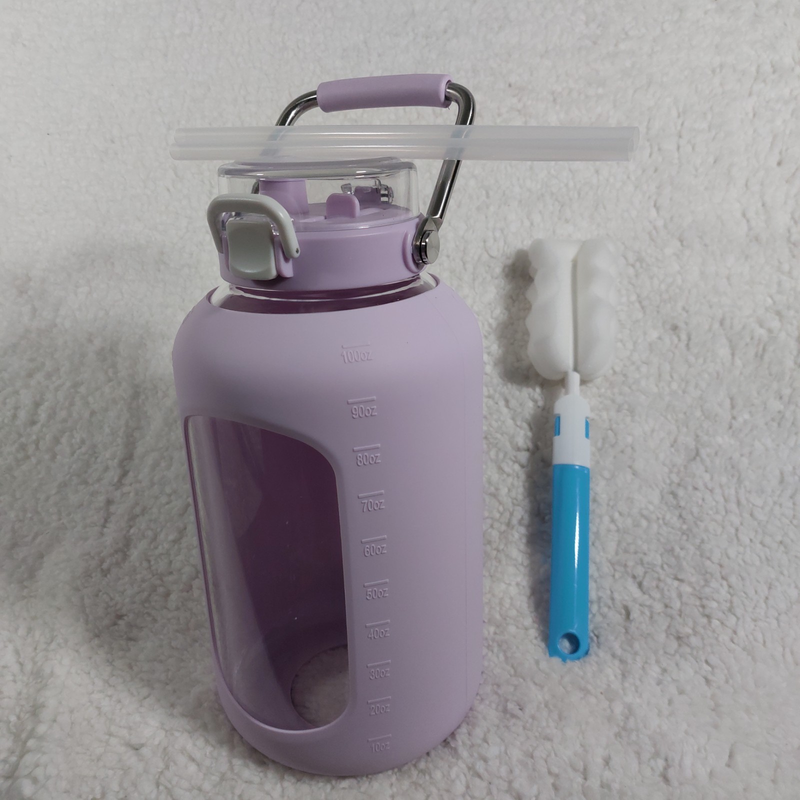 Large Glass Water Bottle with Stainless Steel Handle, 100 Ounces Light Purple