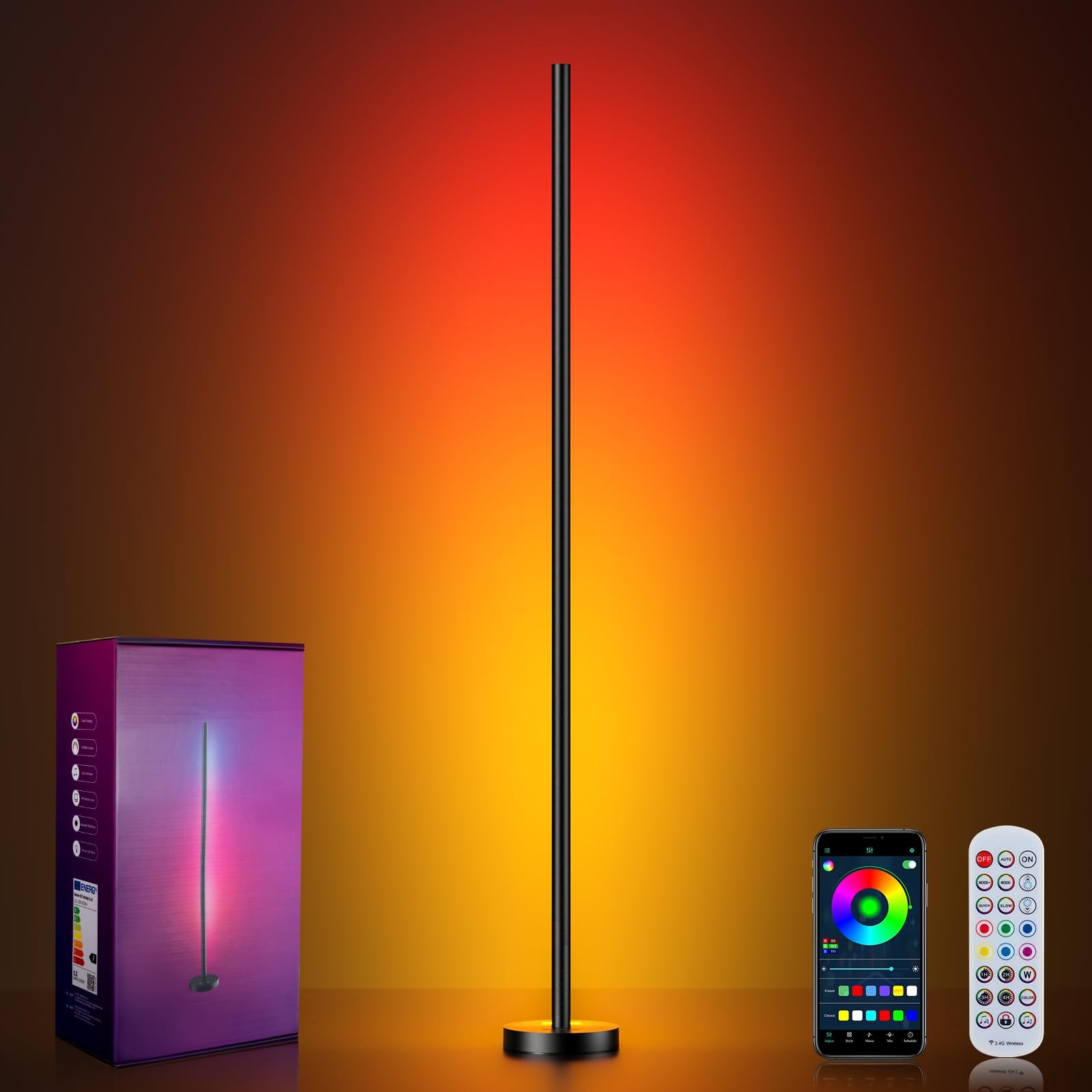 OIYN Smart RGBICW LED Corner Floor Lamp - 16 Million DIY Colors, 68+ Scenes, Mus