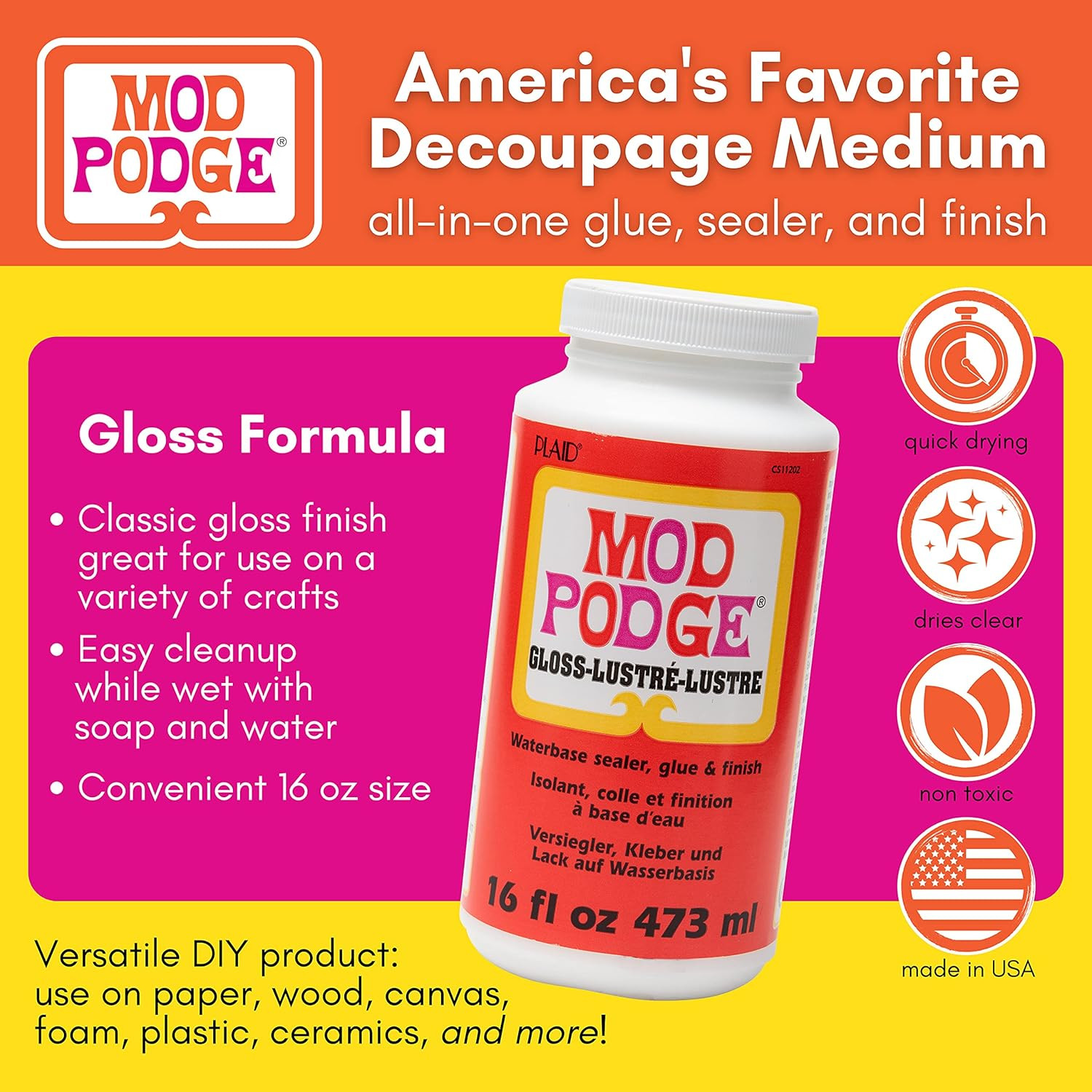 Mod Poge Gloss Sealer & Finish - All-in-One Craft Solution, 16 Oz.
