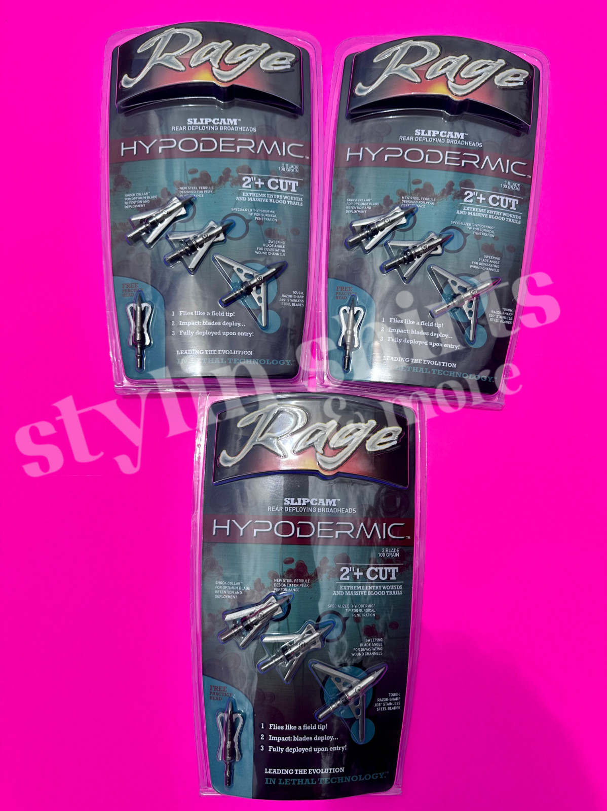 3 pack RAGE Slipcam PRACTICE POINT HYPODERMIC 2" cut 2 blade broadhead 100 grain