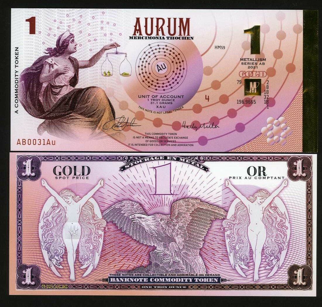 Aurum, 1 metallism, a commodity token, 2021, polymer, golden foil, F