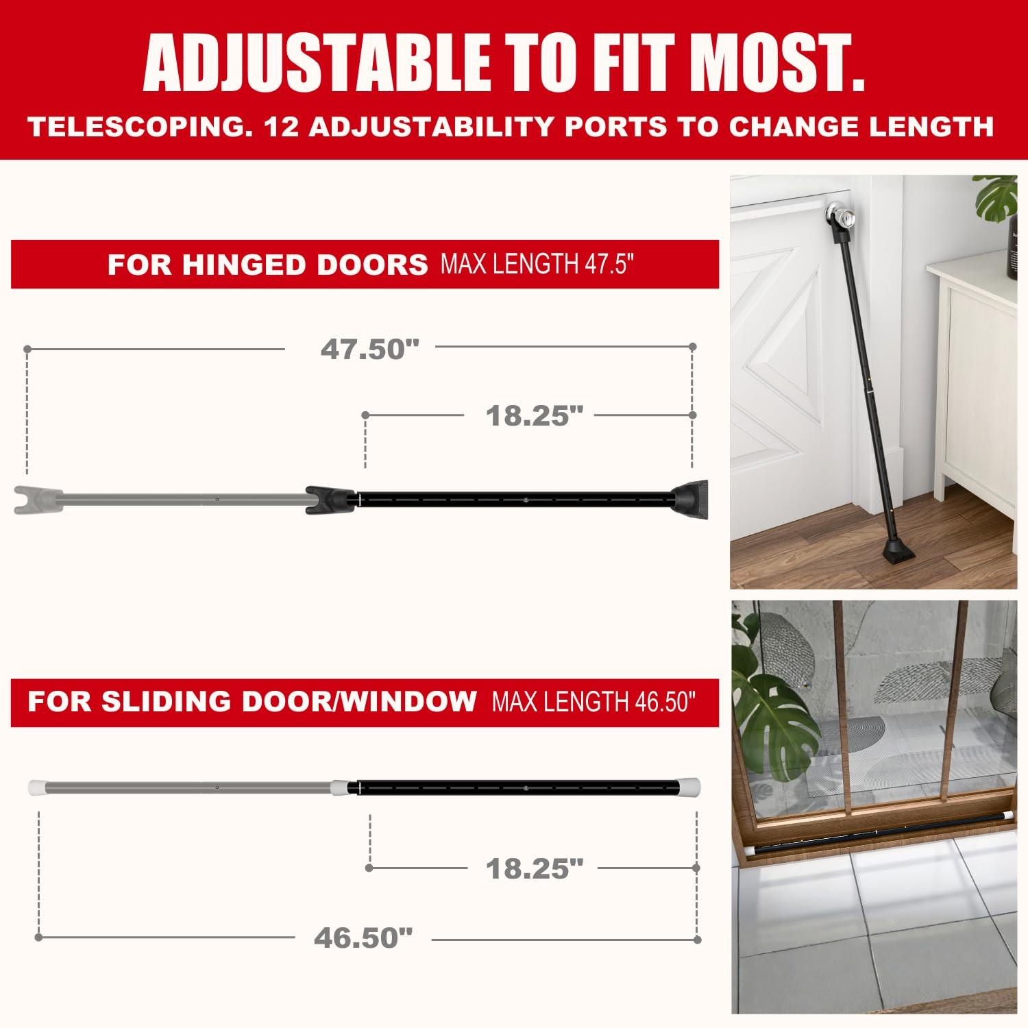 SECURITYMAN 2-in-1 Door Security Bar & Sliding Patio 2 Pack, Black