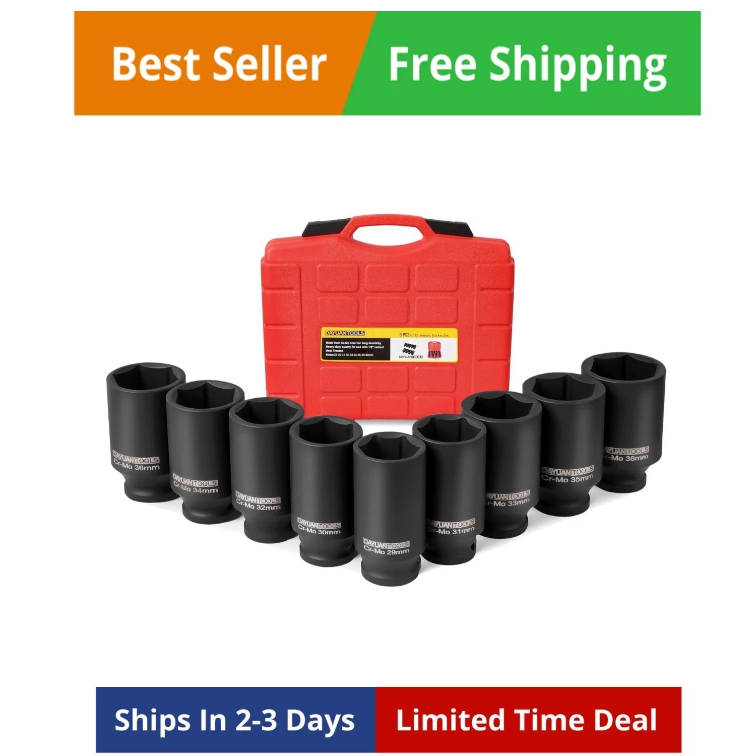 9 Pcs Axle Nut Hub Impact 1/2" Drive Socket 29 30 31 32 33 34 35 36 38mm Sock...