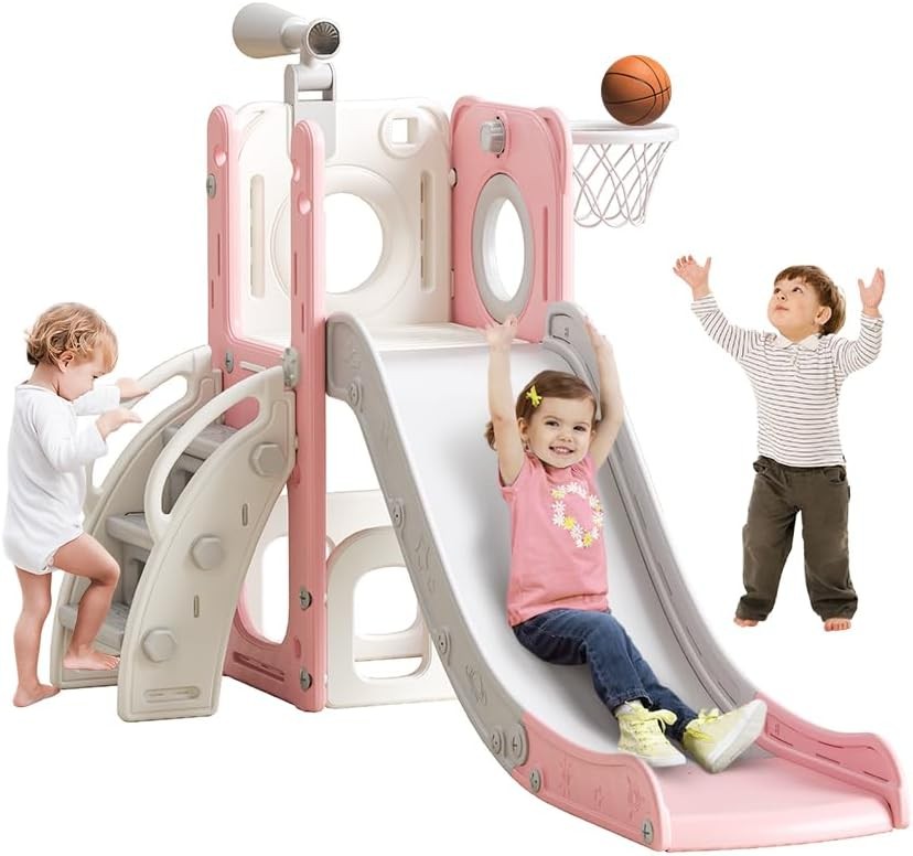6 in 1 Toddler Playset with Slide Kids Slide with Basketball Hoop Toys Pink