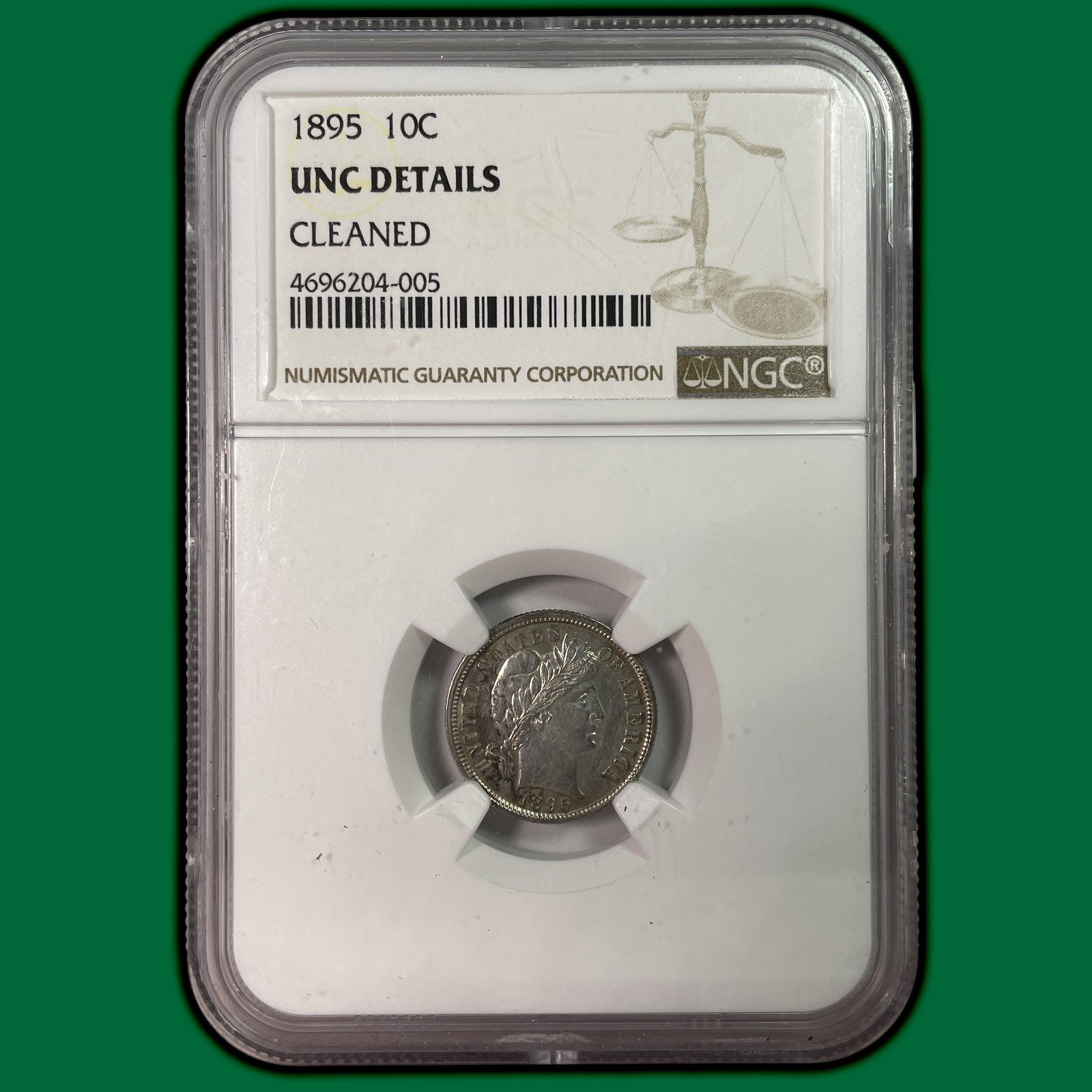 1895 Barber Dime Uncirculated NGC UNC Coin, Cleaned #40693