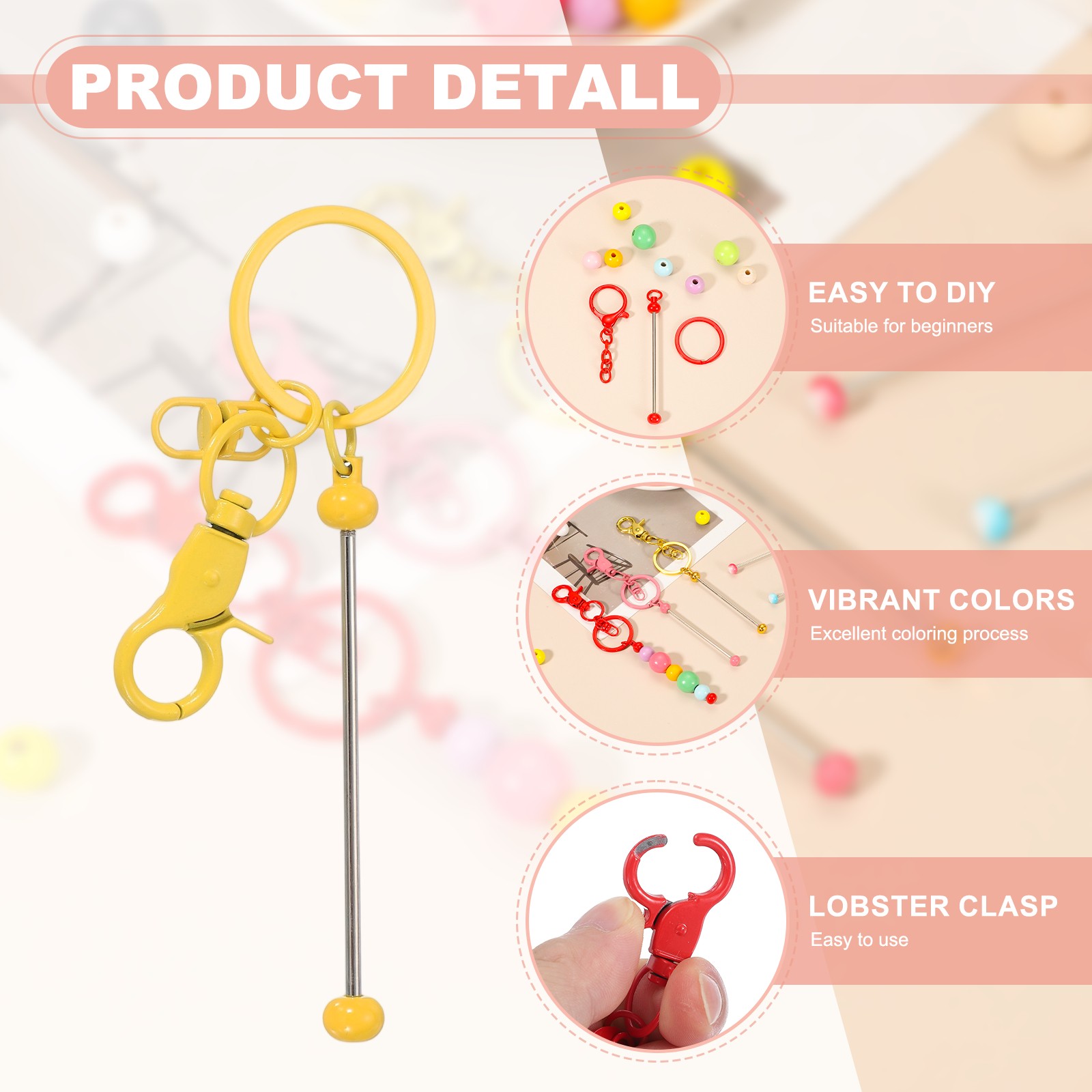 18Pcs Beadable Keychains, DIY Beaded Keychain Making Kit, Candy Yellow