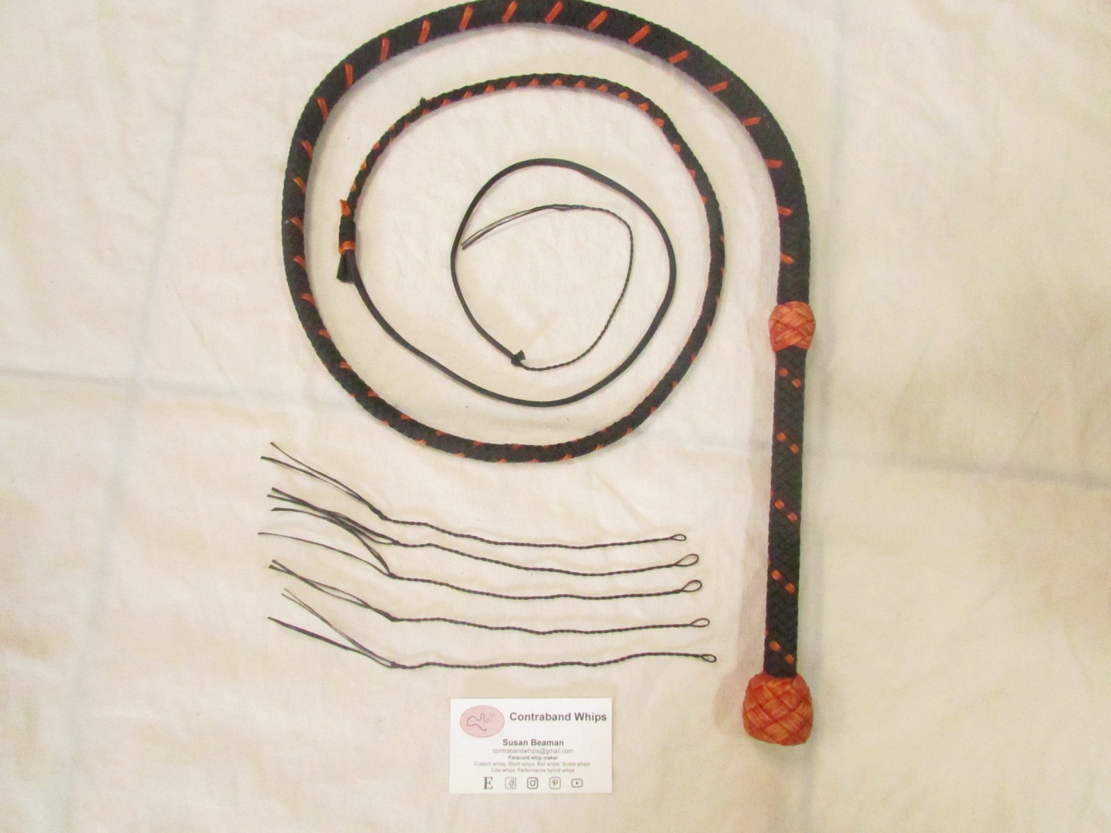 Contraband Whips 5 Foot 12 Plait Nylon Paracord Eco Bullwhip Black and Orange