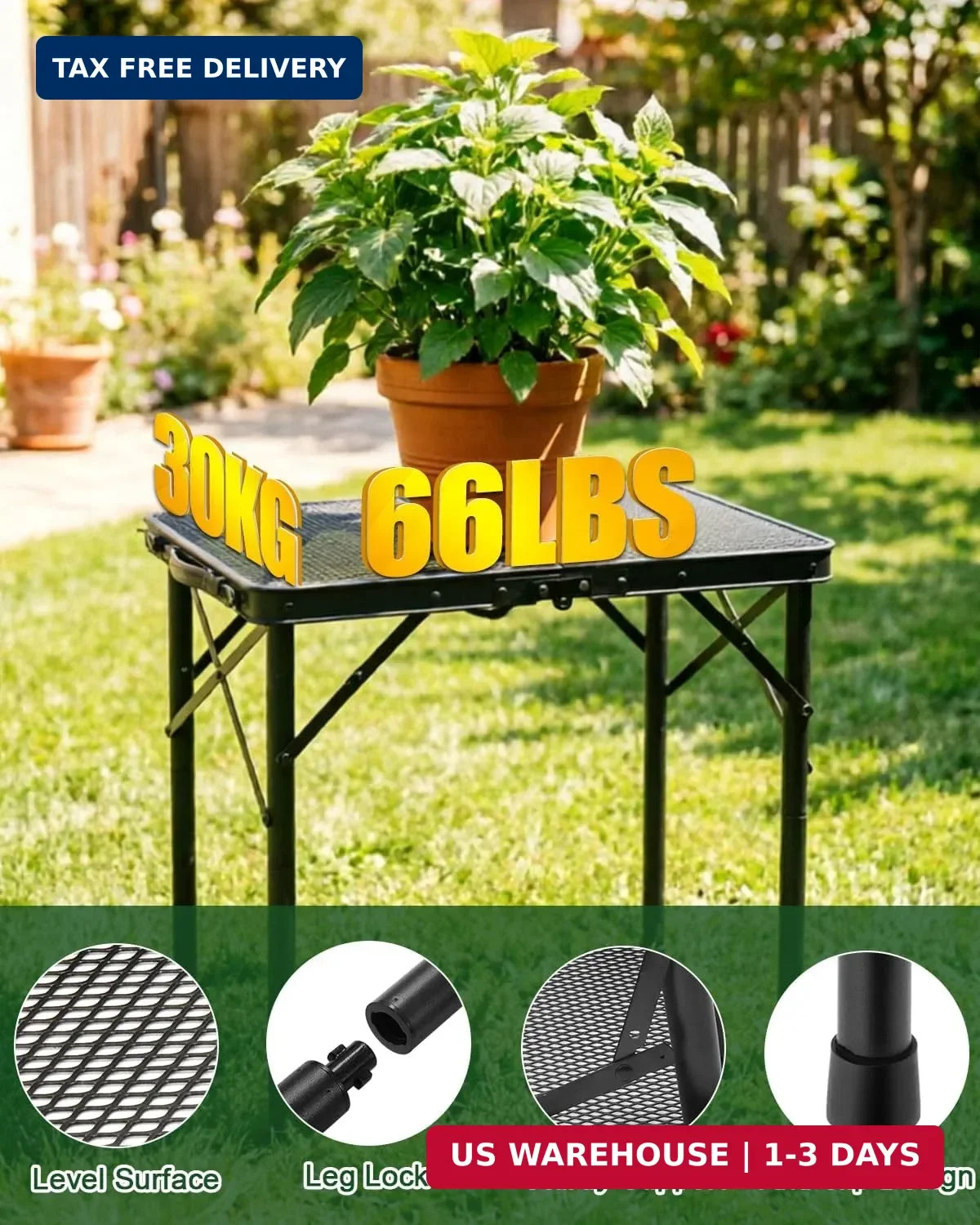 2Ft Small Folding Table with Carry Handle, Camping Table Adjustable Height 10.6-